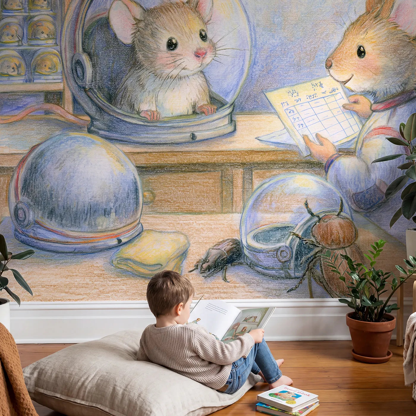 Child in nursery with The Space Helmet Fitting Wallpaper Mural by Whimsy Tots