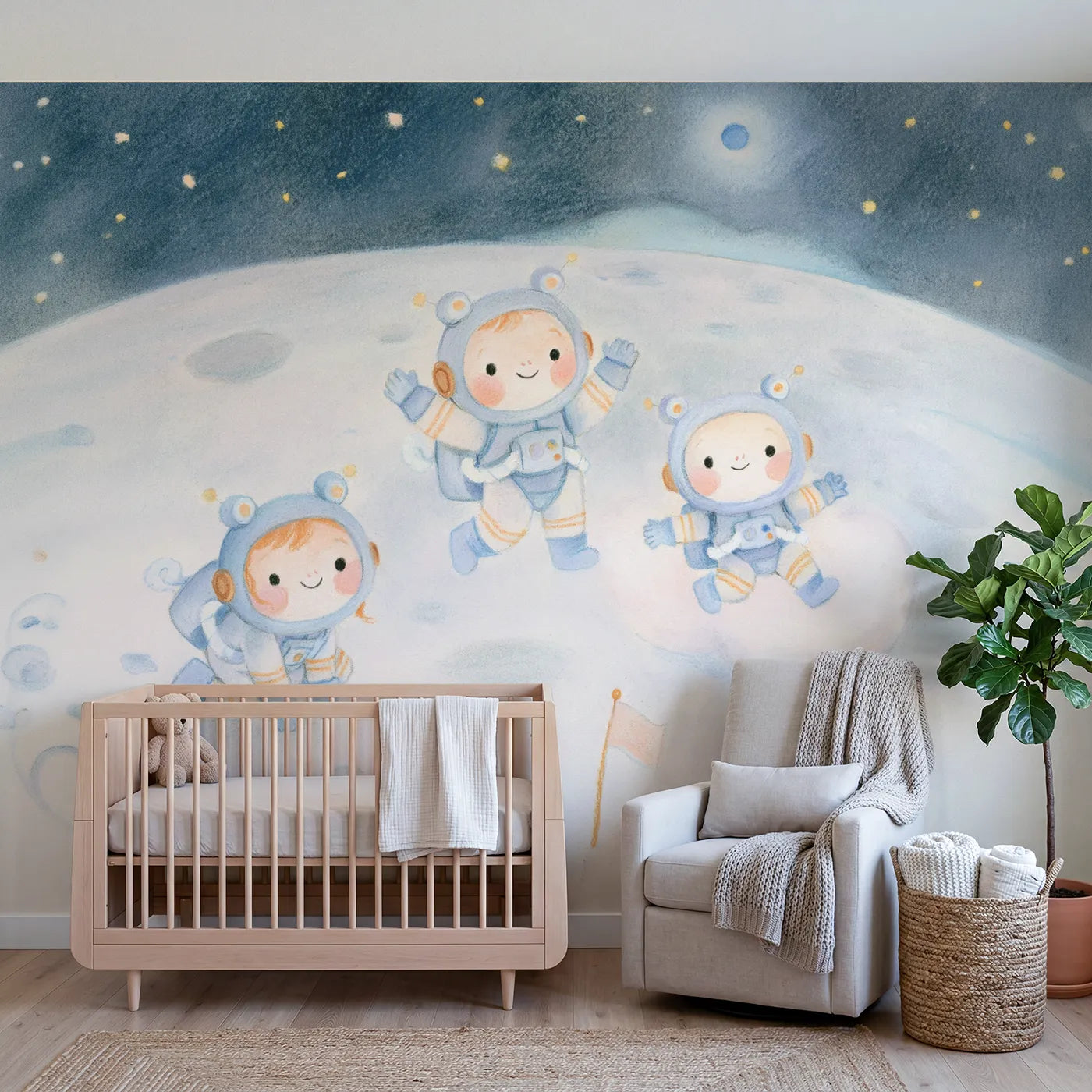 Colored Pencil astronauts bouncing high on the moon, mural for a playroom by Whimsy Tots