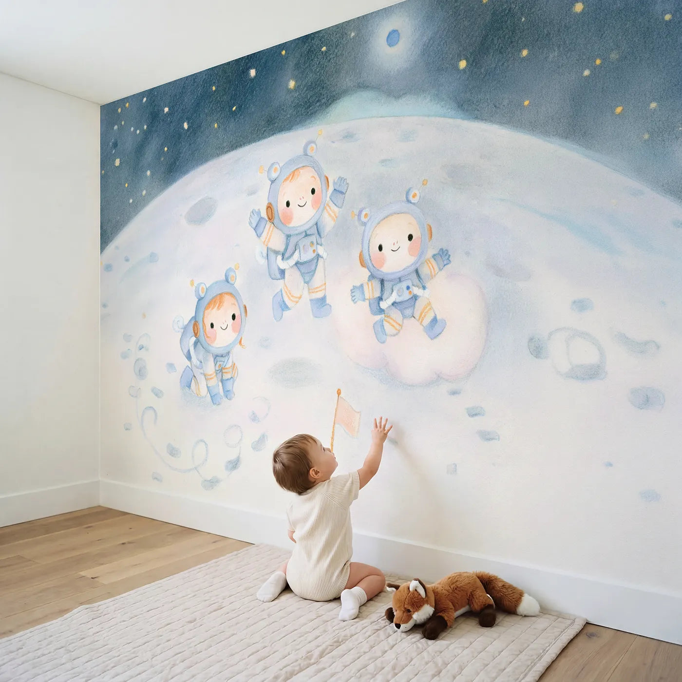 Child in nursery with Bouncing on the Moon Wallpaper Mural by Whimsy Tots