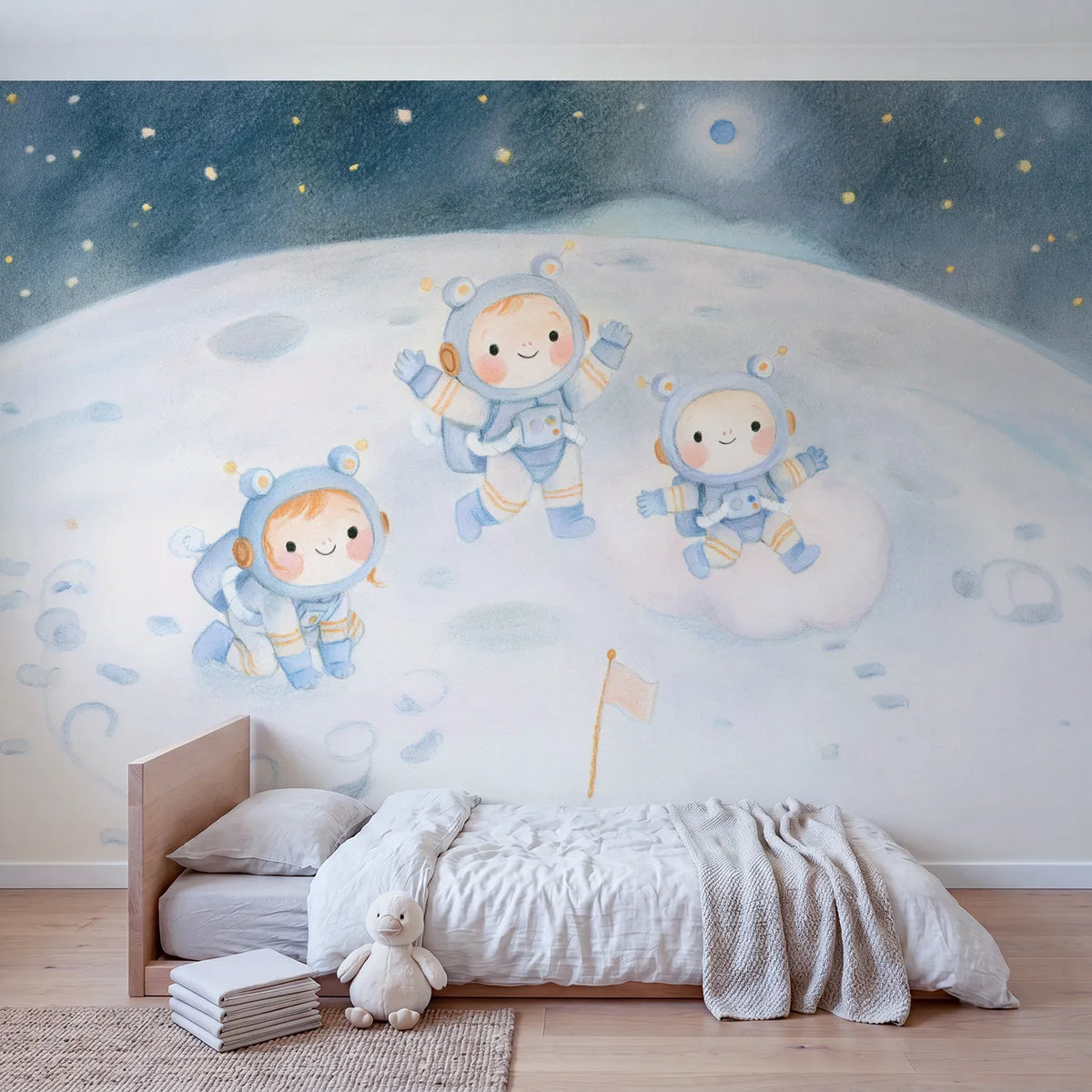 Bouncing on the Moon Wallpaper Mural in playroom setting by Whimsy Tots