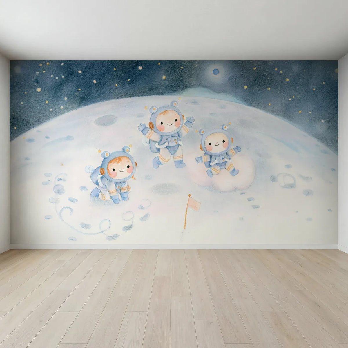 Full view of Bouncing on the Moon Wallpaper Mural by Whimsy Tots