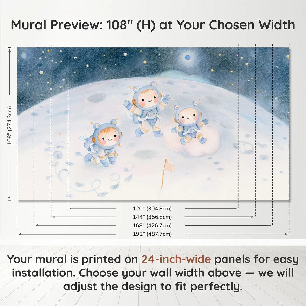 Panel layout and dimensions for Bouncing on the Moon Wallpaper Mural by Whimsy Tots