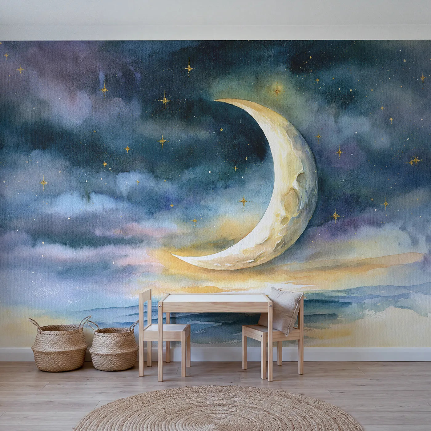 Watercolor wall mural of a detailed crescent moon by Whimsy Tots