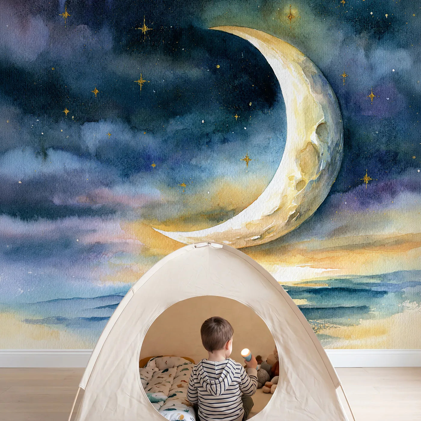 Child in nursery with Crescent Moon Study Wallpaper Mural by Whimsy Tots