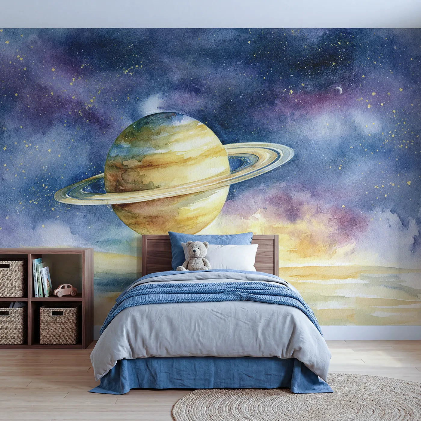 Watercolor wall mural of a detailed ringed planet by Whimsy Tots