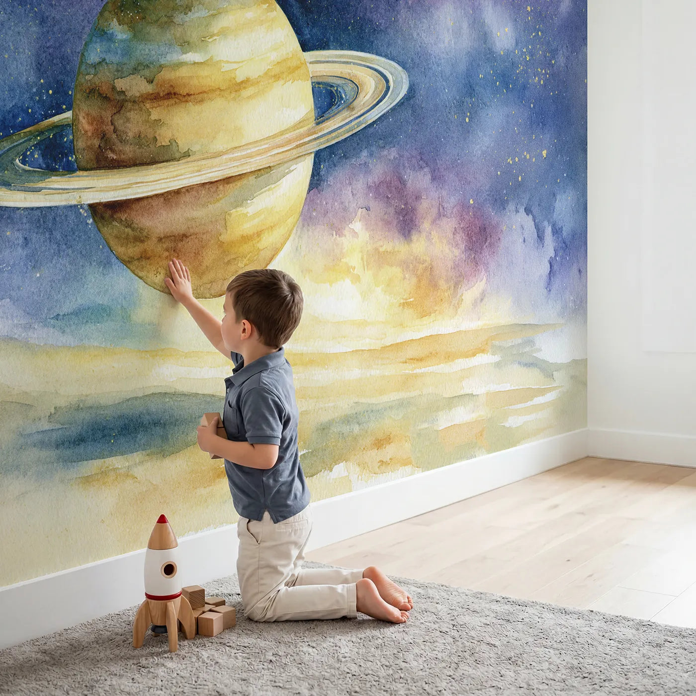 Child in nursery with Planet Ring Study Wallpaper Mural by Whimsy Tots