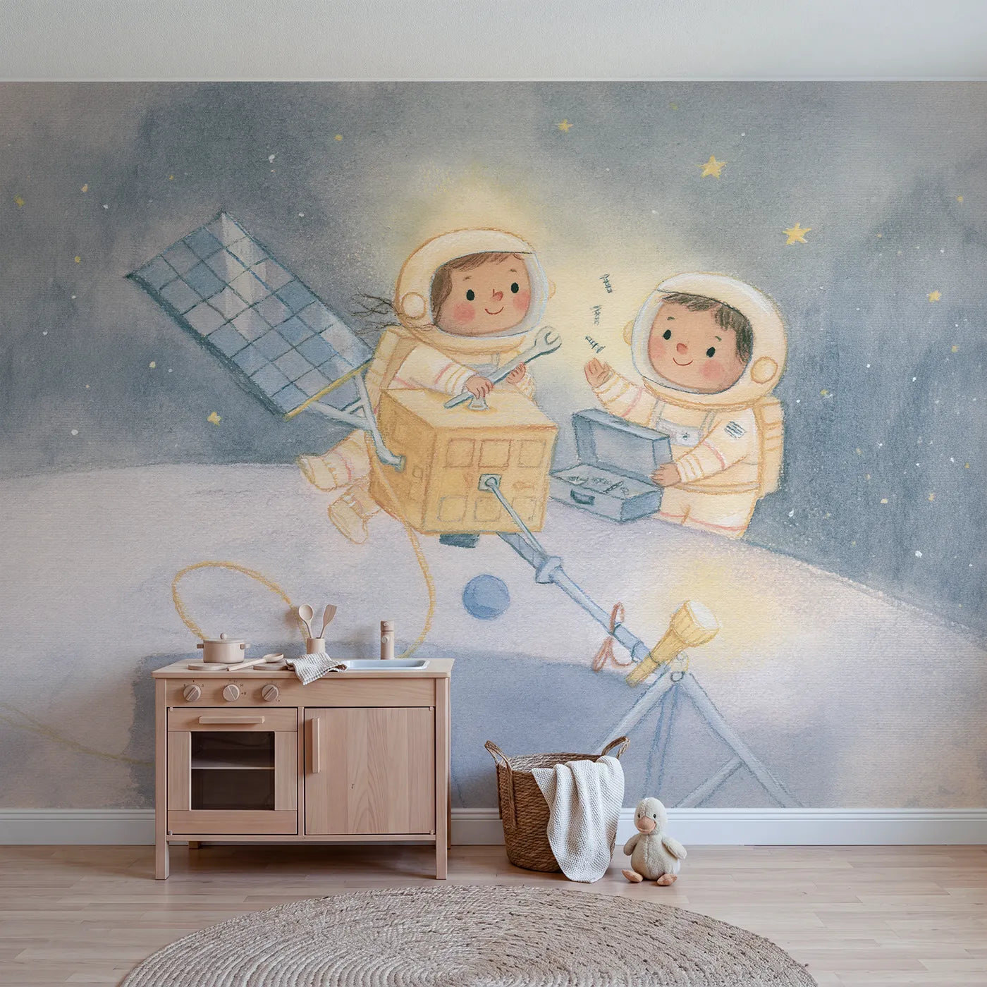 Colored Pencil astronauts repairing a satellite in orbit, mural for a big-kid bedroom by Whimsy Tots