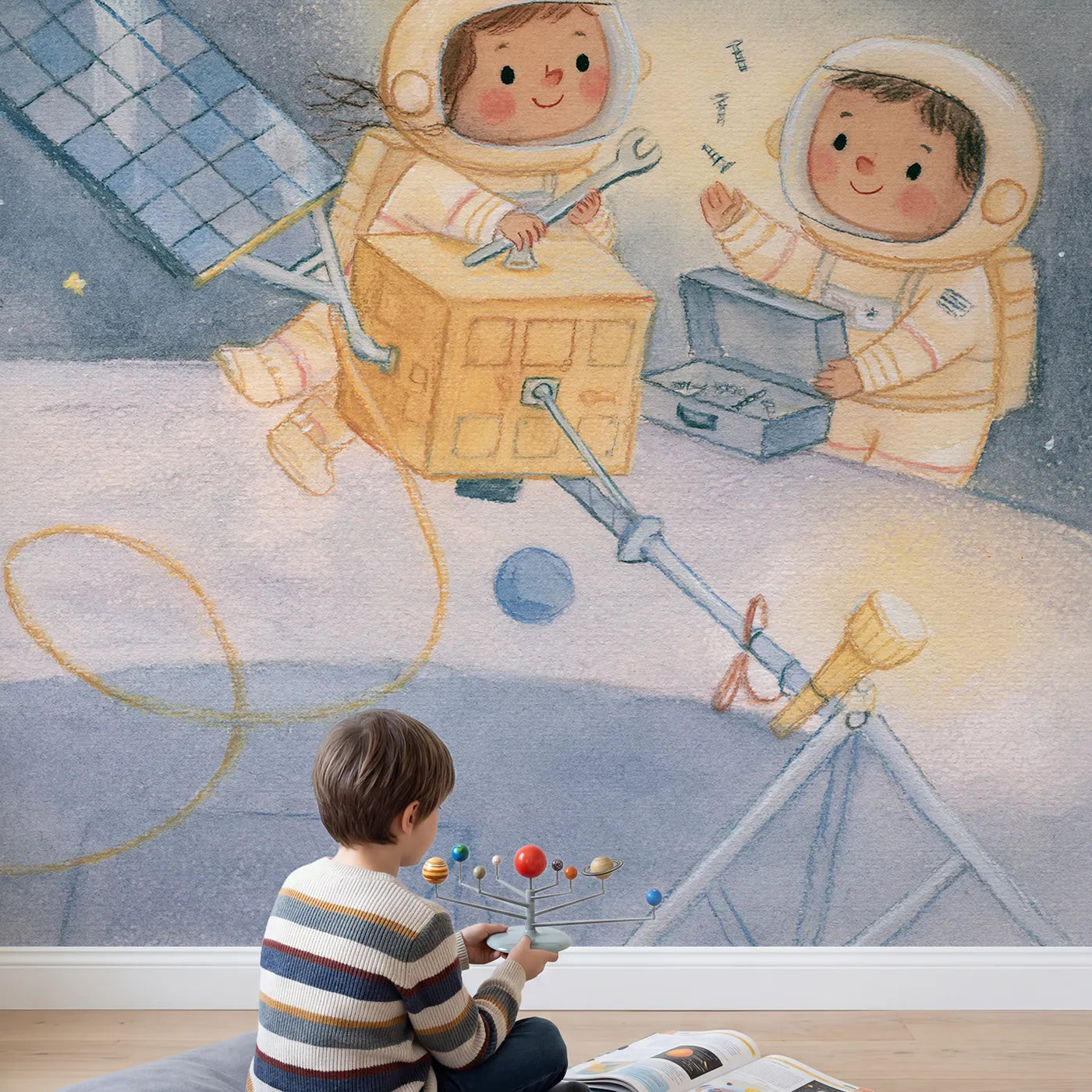 Child in nursery with Fixing the Satellite Wallpaper Mural by Whimsy Tots
