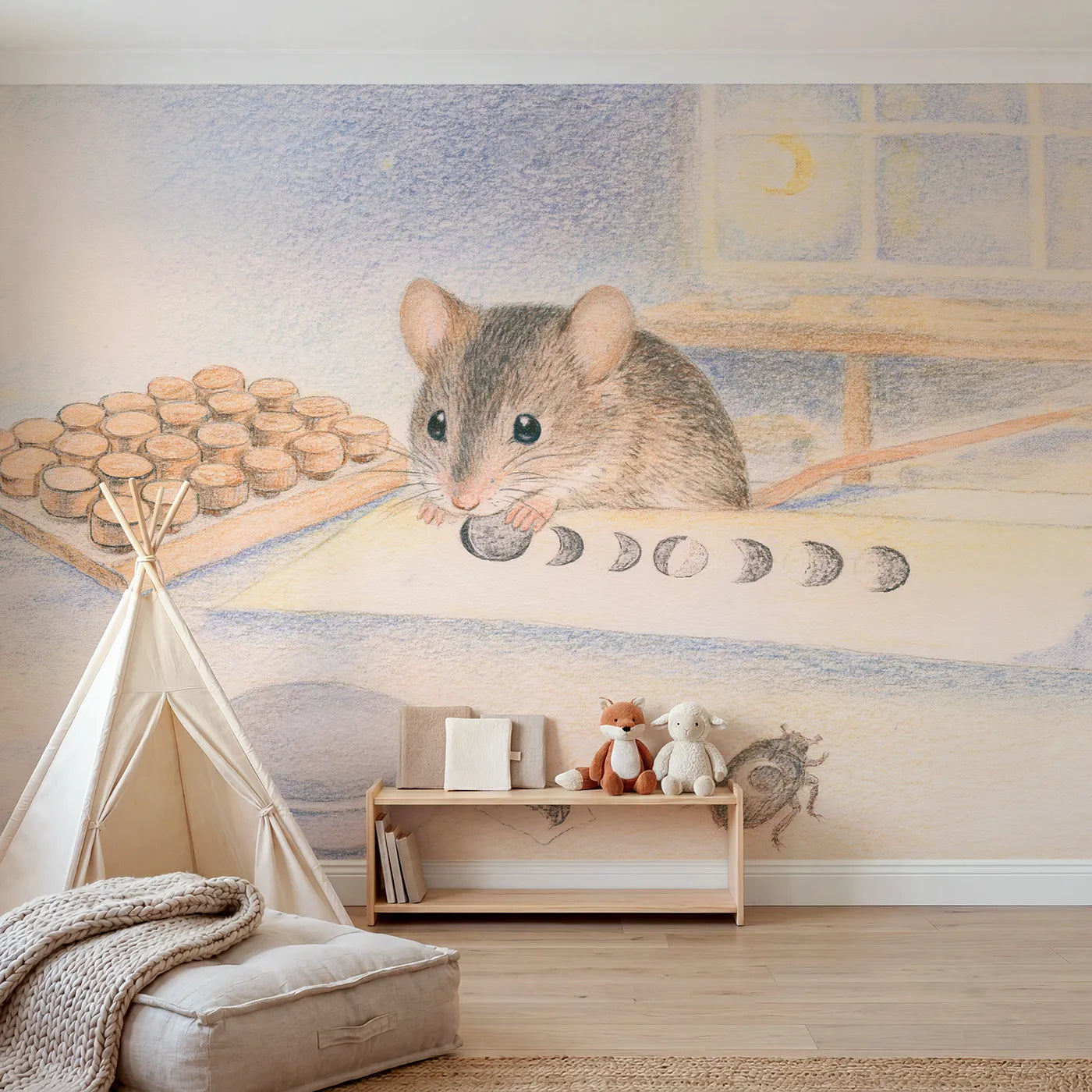 Colored Pencil mouse stamping a moon phase chart, mural for a big-kid bedroom by Whimsy Tots