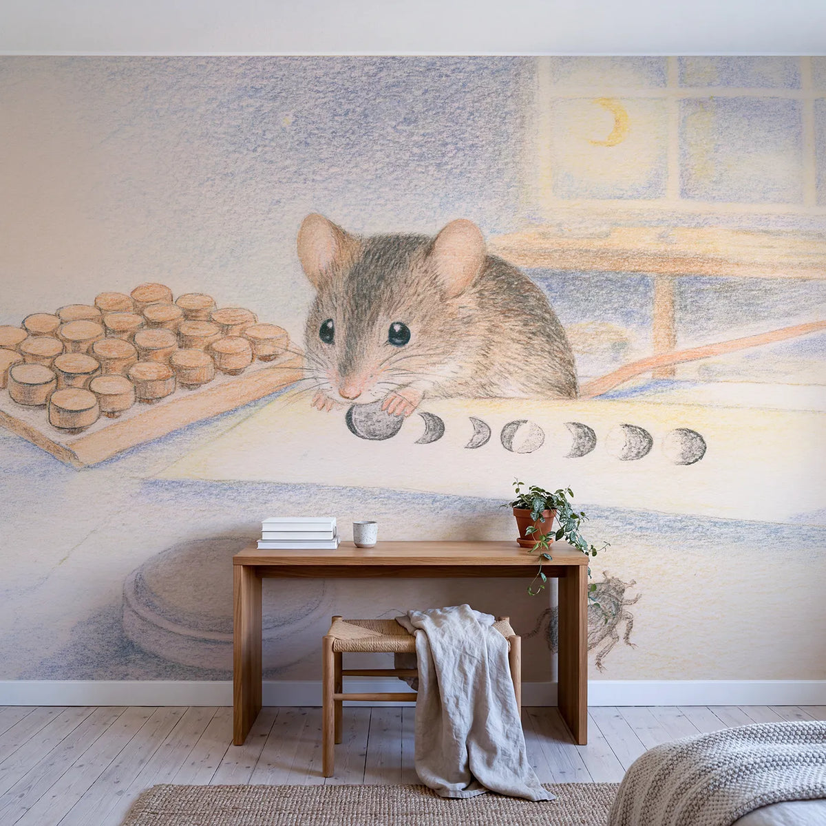 Stamping the Moon Phases Wallpaper Mural in playroom setting by Whimsy Tots
