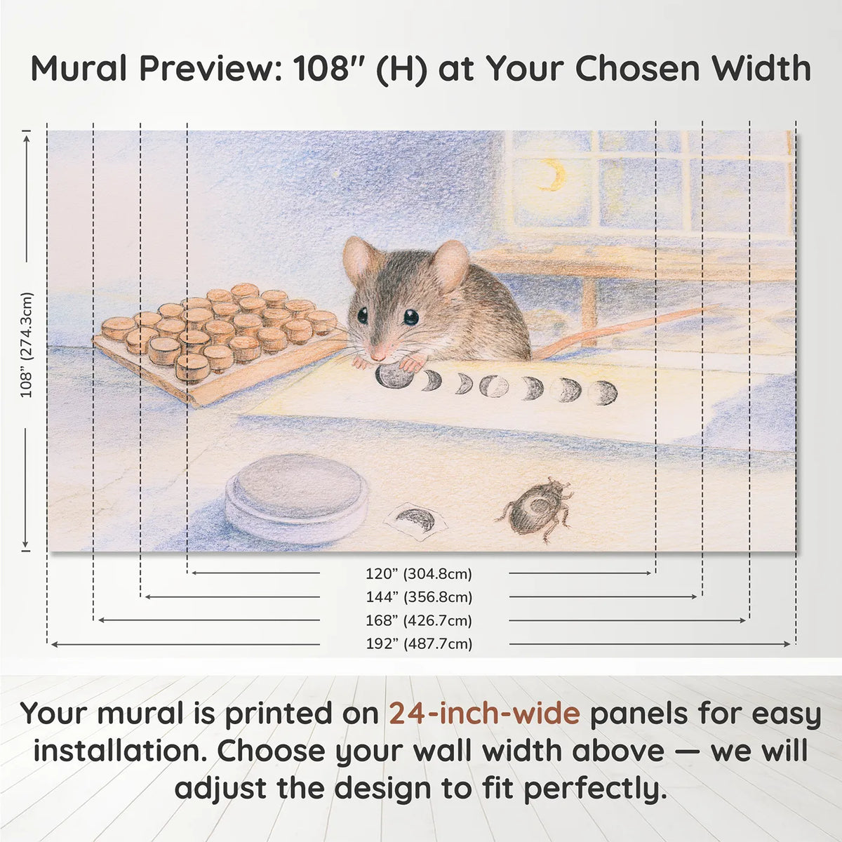 Panel layout and dimensions for Stamping the Moon Phases Wallpaper Mural by Whimsy Tots
