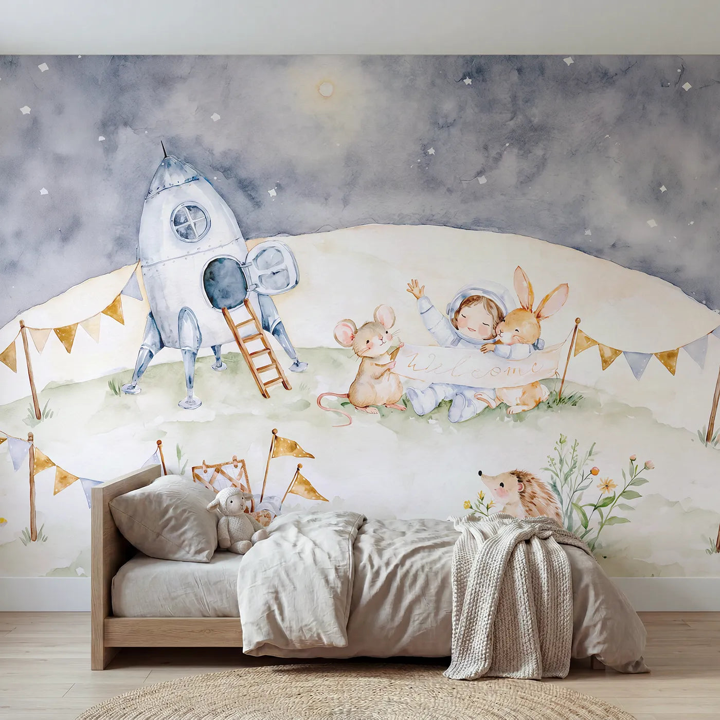 Watercolor rocket crew welcomed home on a moonlit hill, mural for a bedroom by Whimsy Tots