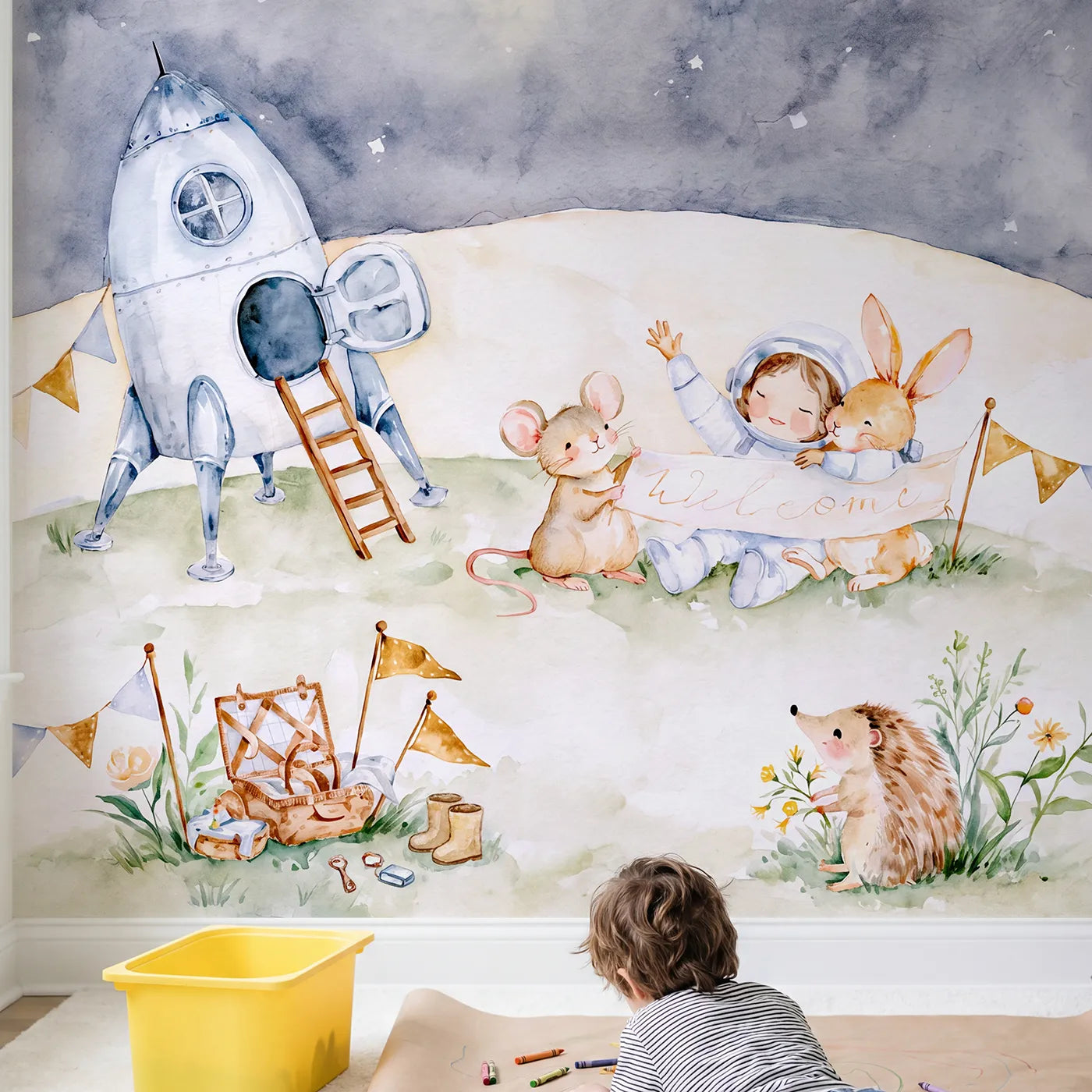 Child in nursery with The Homecoming Landing Wallpaper Mural by Whimsy Tots