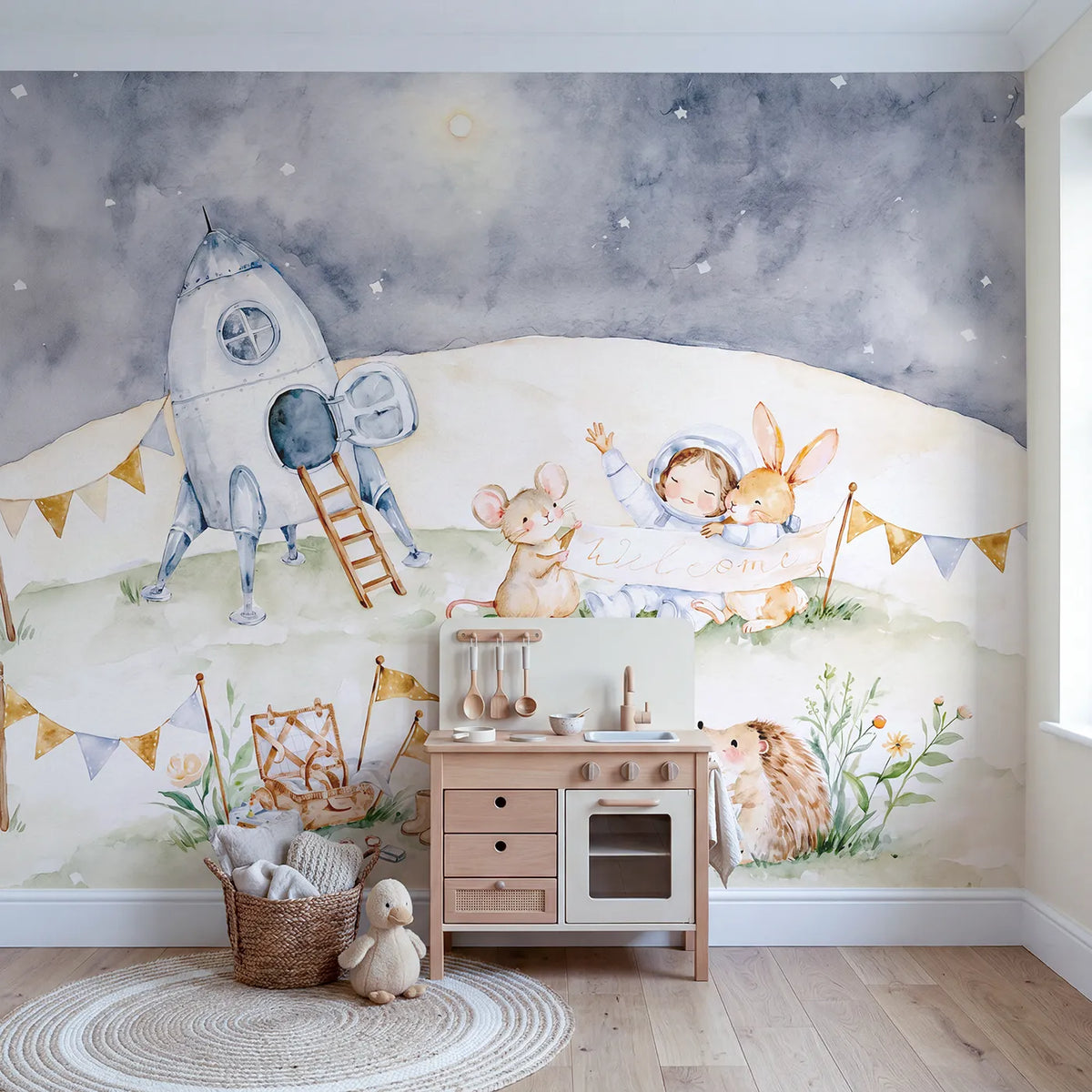 The Homecoming Landing Wallpaper Mural in playroom setting by Whimsy Tots