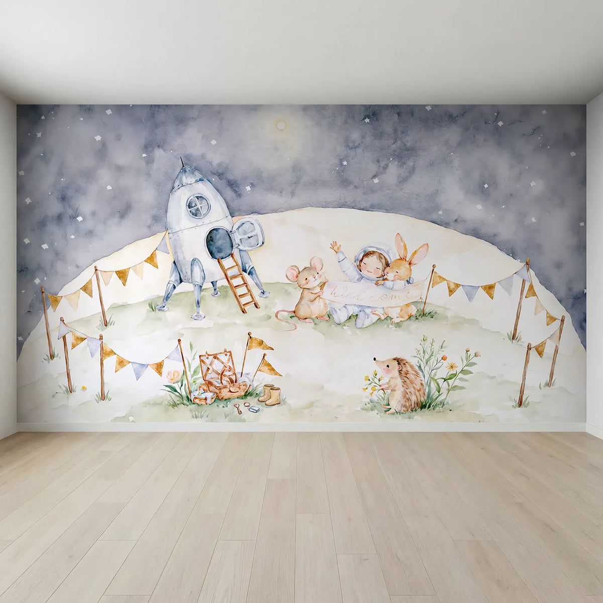 Full view of The Homecoming Landing Wallpaper Mural by Whimsy Tots