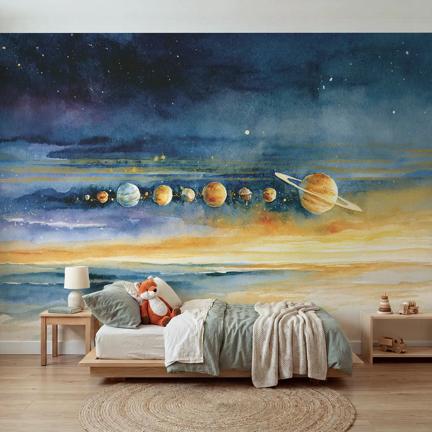 Watercolor wall mural of a detailed solar system by Whimsy Tots