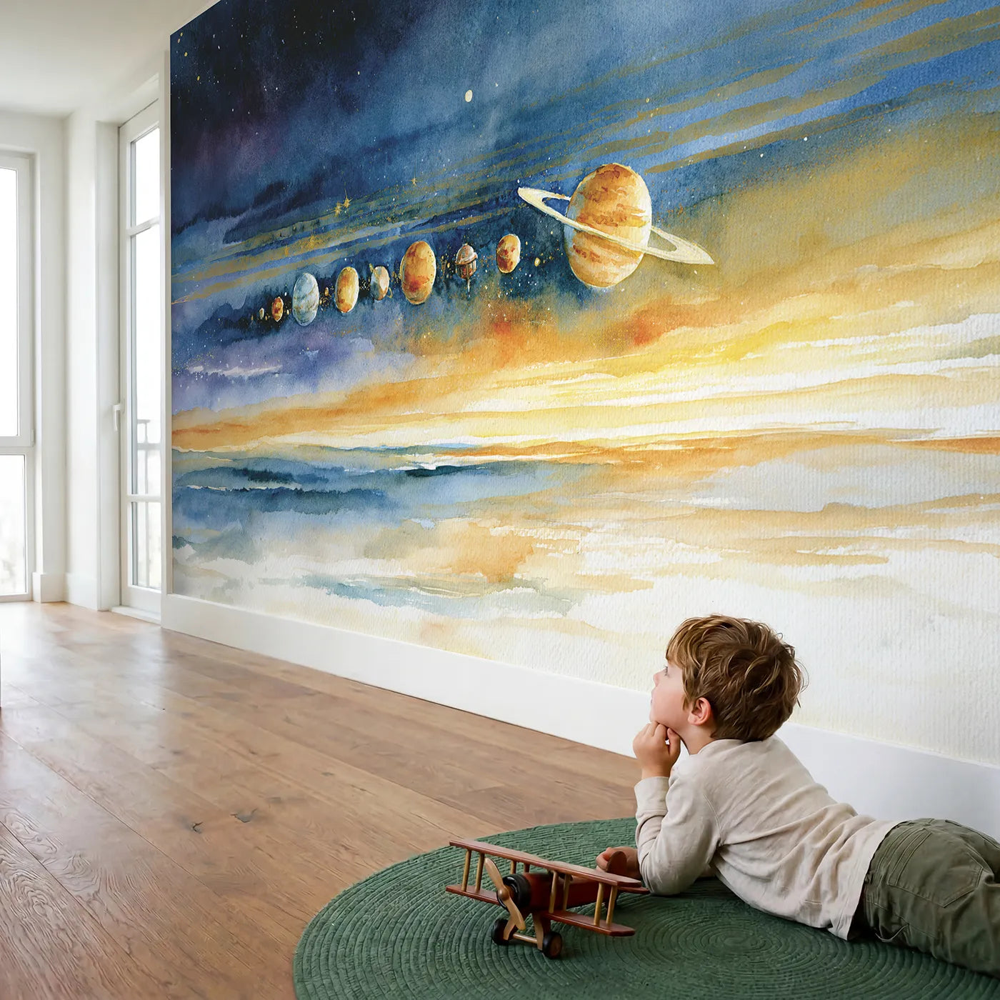 Child in nursery with Solar System Study Wallpaper Mural by Whimsy Tots