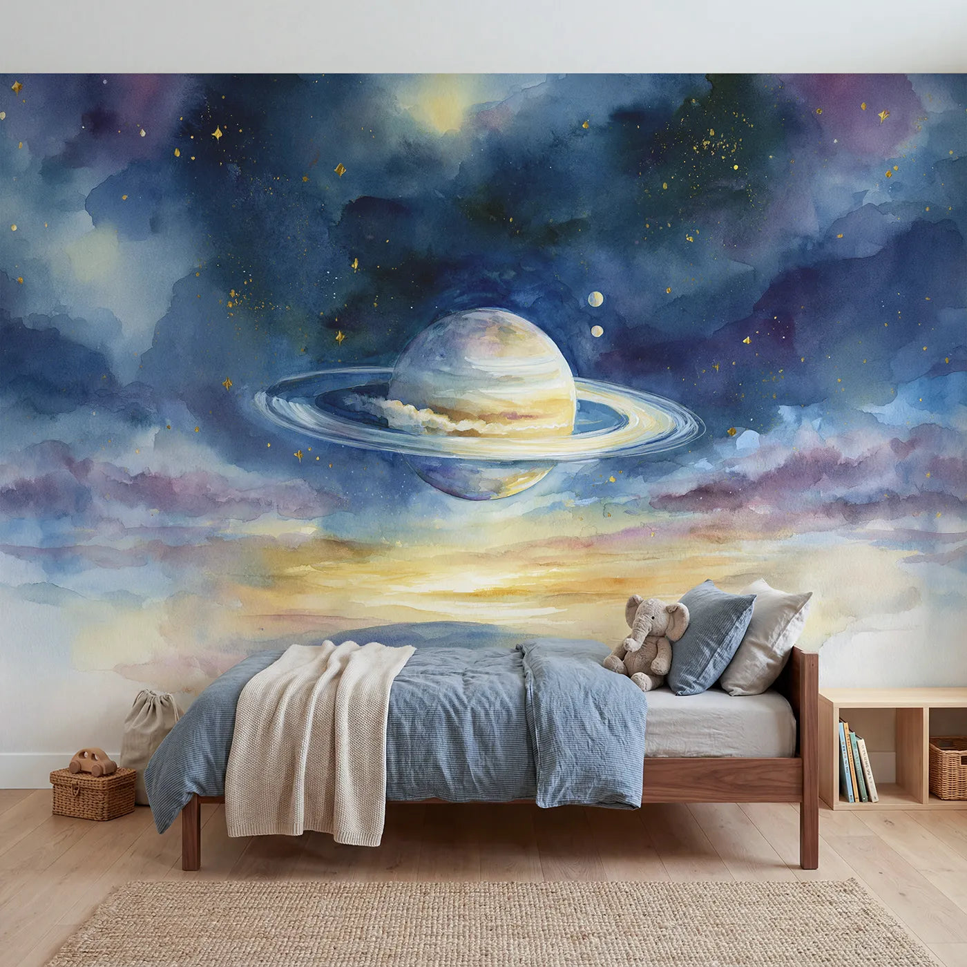 Watercolor wall mural of a ringed planet with moons by Whimsy Tots