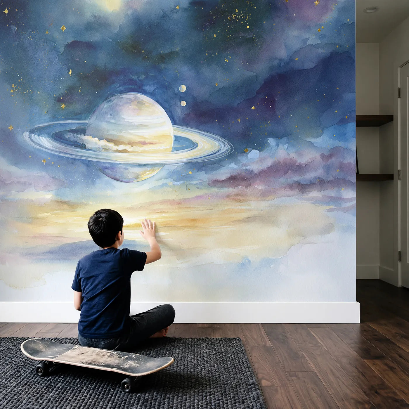 Child in nursery with Ringed Planet Study Wallpaper Mural by Whimsy Tots