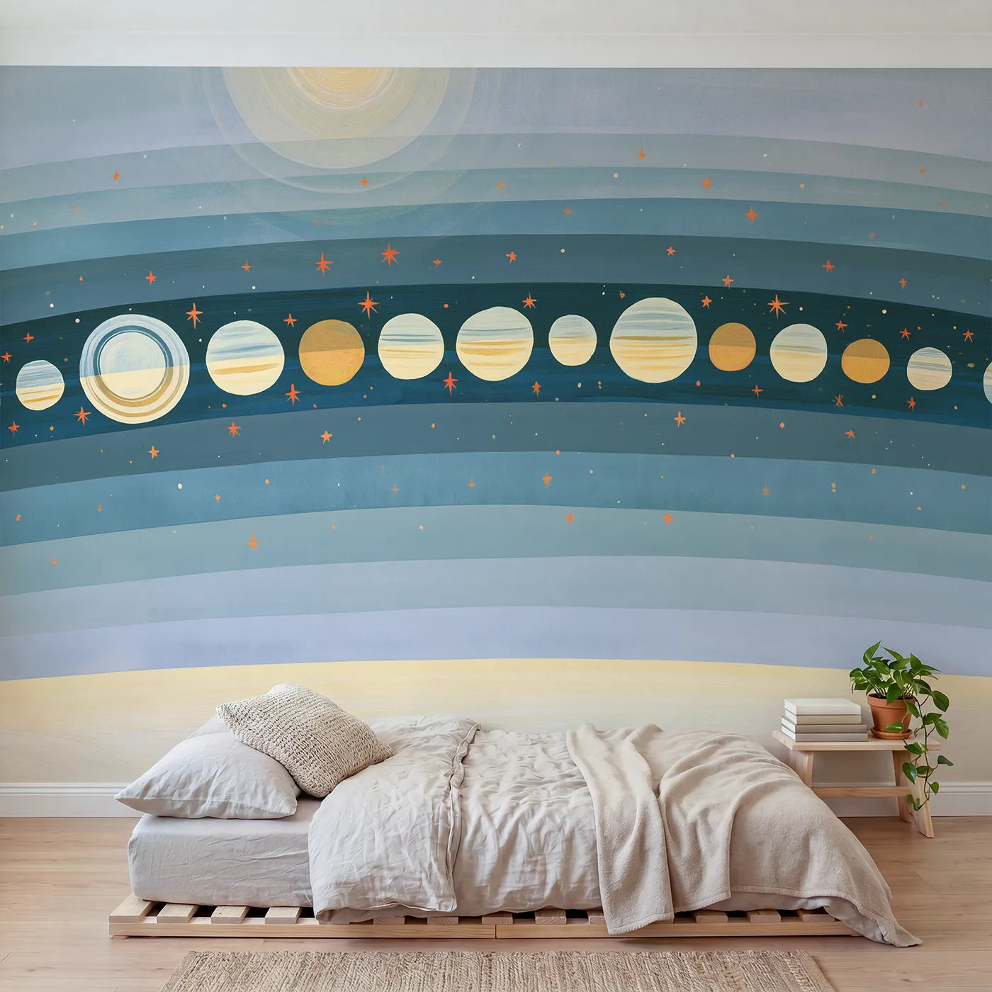 Gouache wall mural of bold folk planets and stars by Whimsy Tots