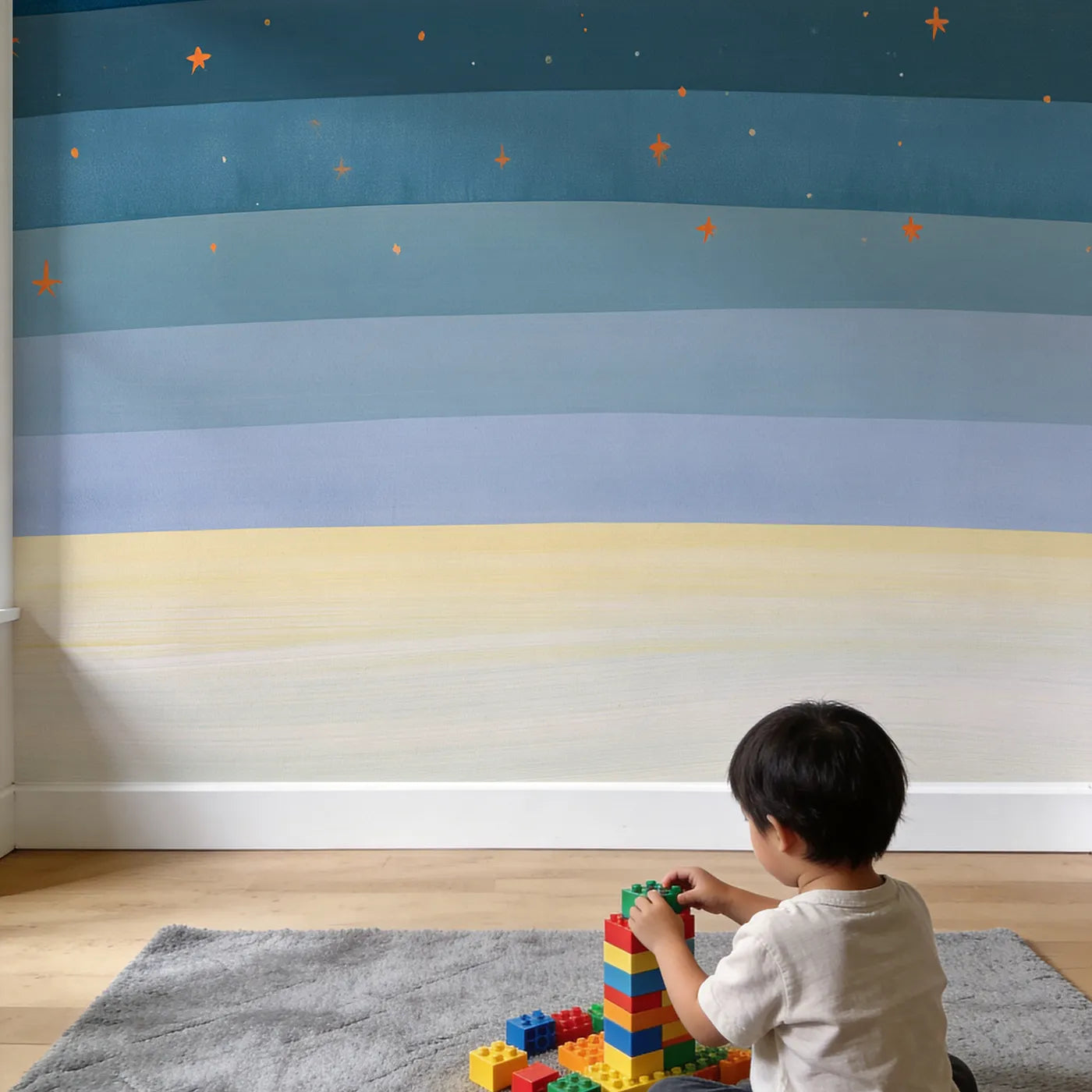 Child in nursery with Folk Planet Shapes Wallpaper Mural by Whimsy Tots