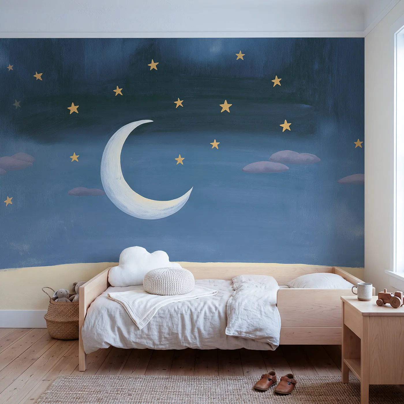 Gouache wall mural of a bold folk moon and stars by Whimsy Tots