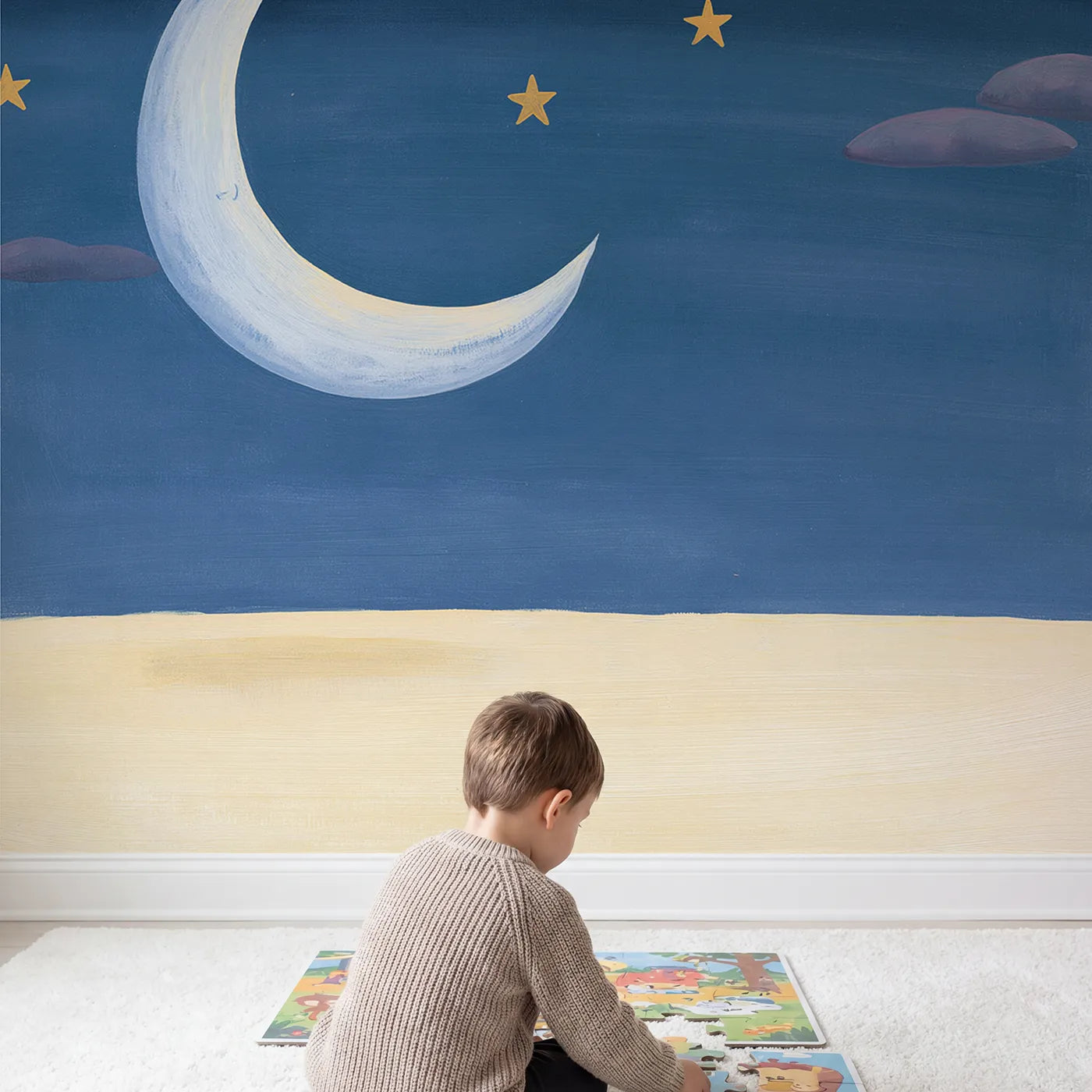 Child in nursery with Folk Moon Stars Wallpaper Mural by Whimsy Tots