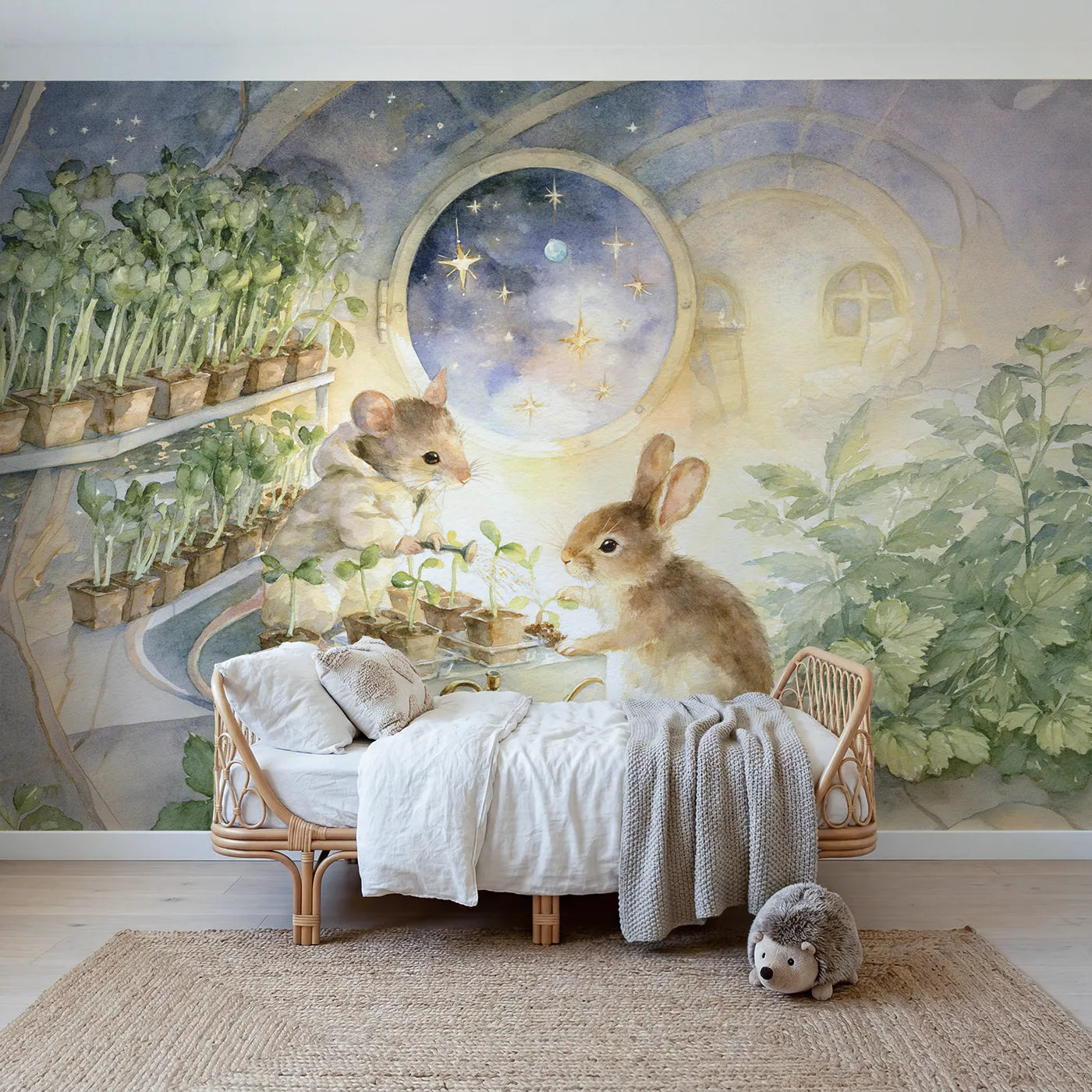 Watercolor seedlings tended in a ship greenhouse, mural for a shared kids room by Whimsy Tots