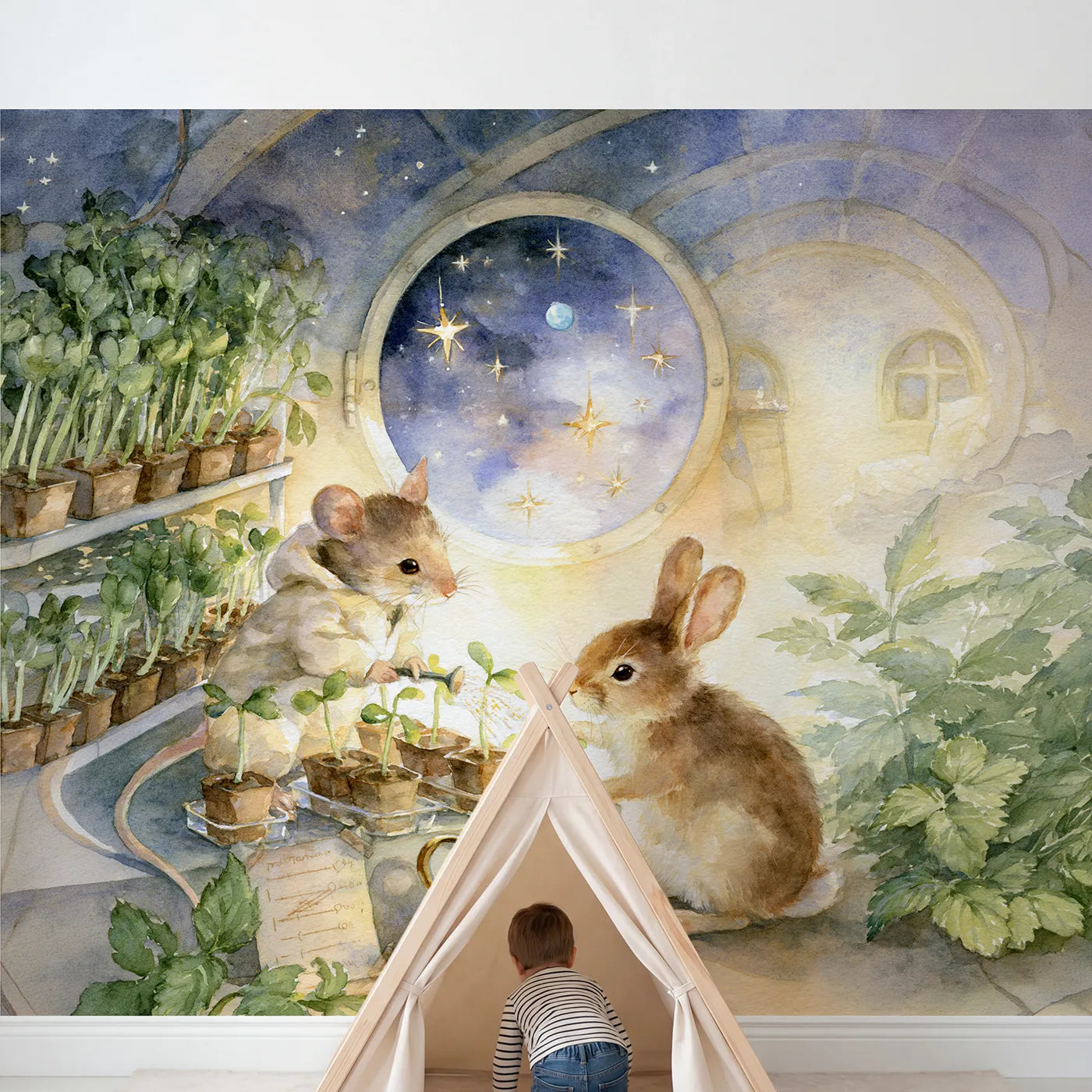 Child in nursery with The Rocket Greenhouse Wallpaper Mural by Whimsy Tots