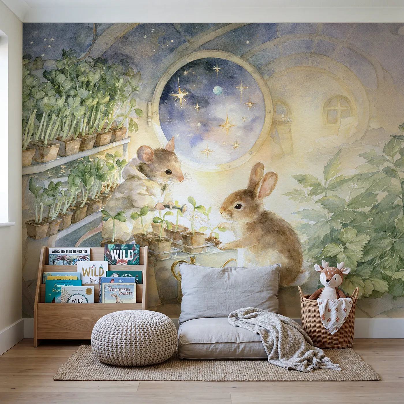The Rocket Greenhouse Wallpaper Mural in playroom setting by Whimsy Tots