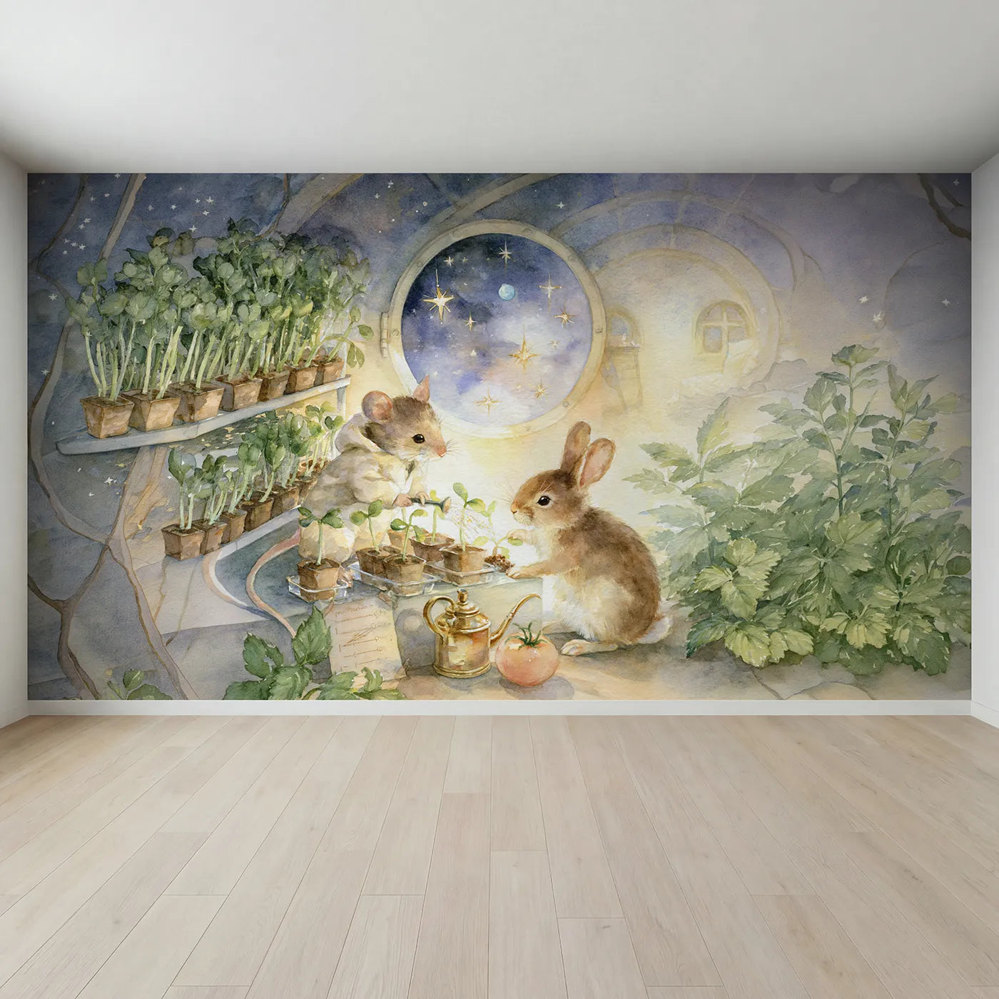 Full view of The Rocket Greenhouse Wallpaper Mural by Whimsy Tots