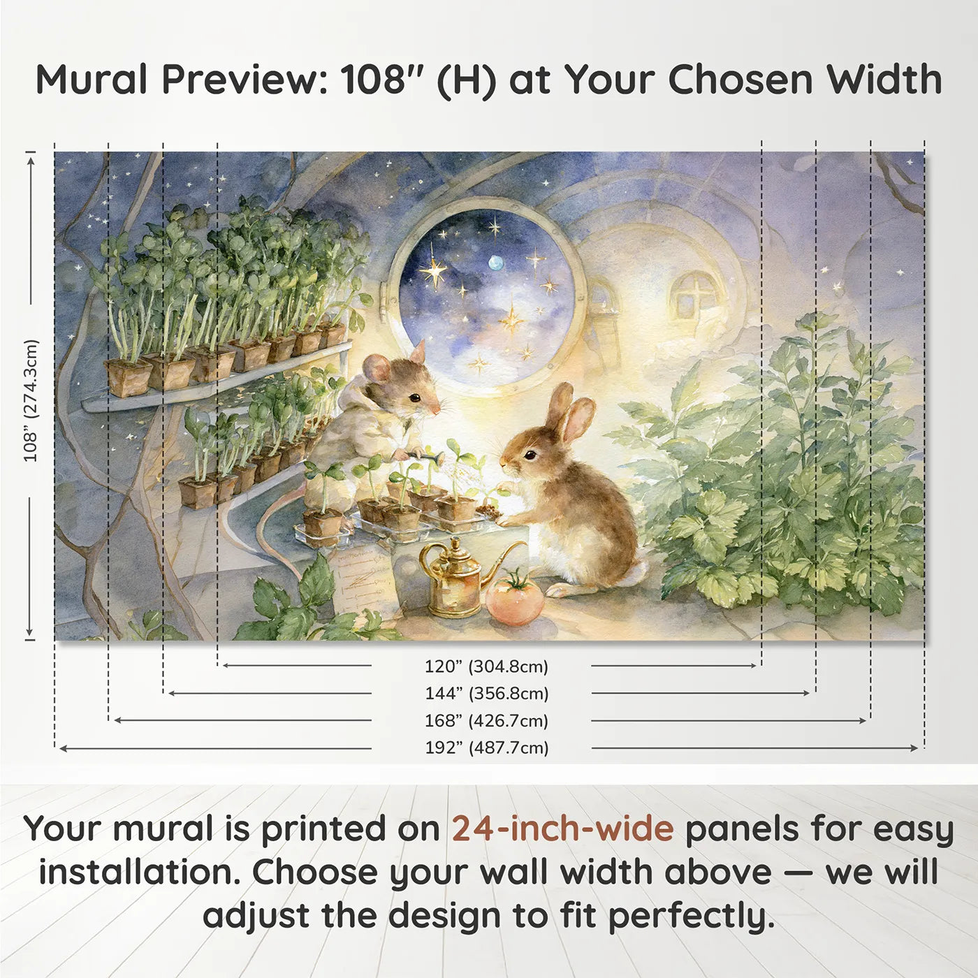 Panel layout and dimensions for The Rocket Greenhouse Wallpaper Mural by Whimsy Tots