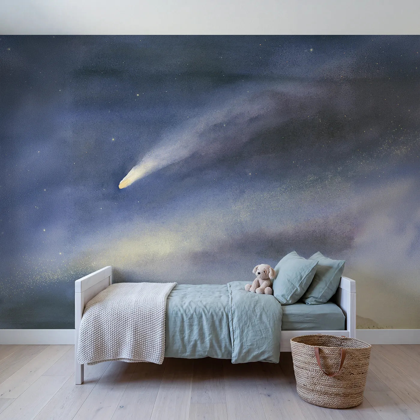 Watercolor wall mural of a gentle comet trail by Whimsy Tots
