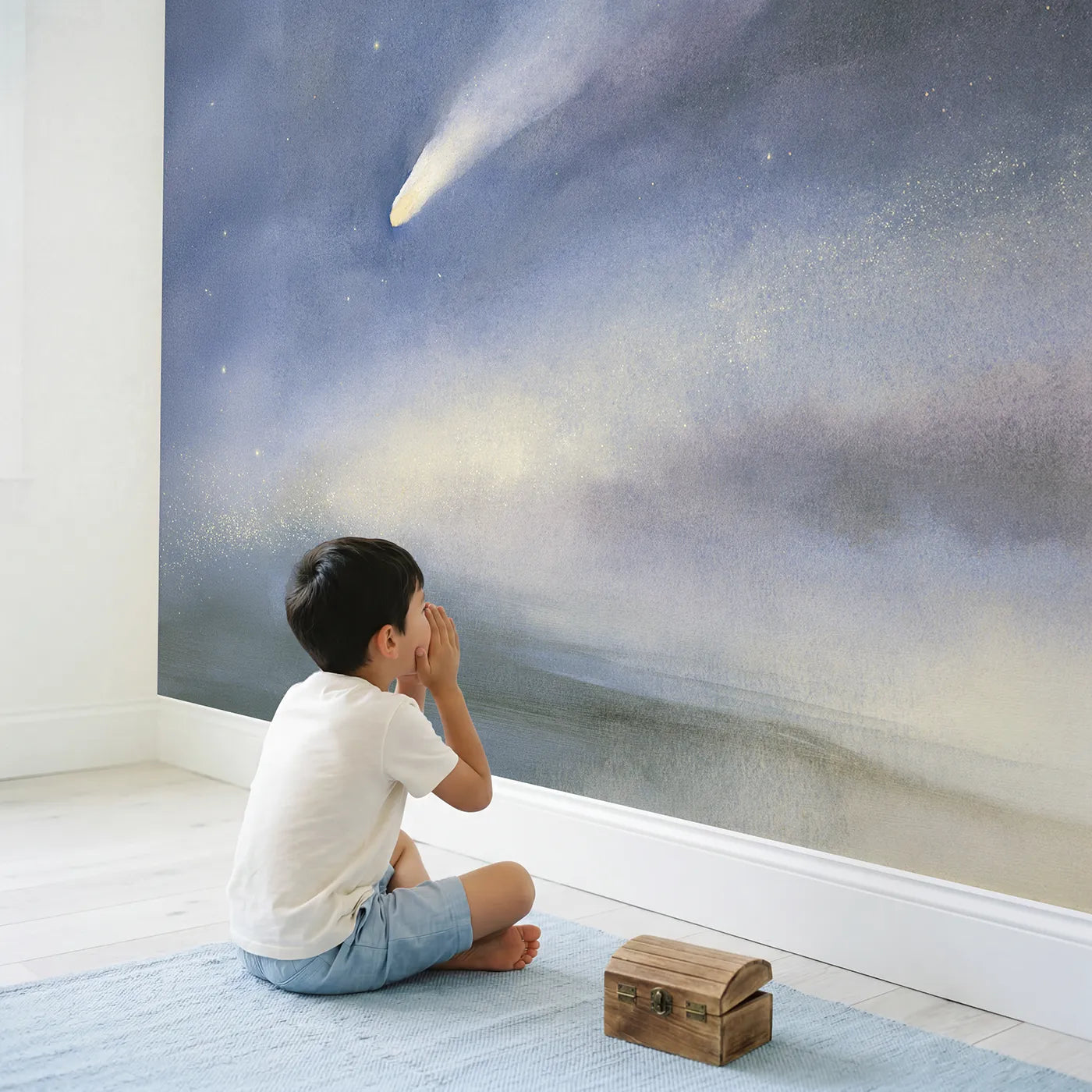 Child in nursery with Soft Comet Trail Wallpaper Mural by Whimsy Tots