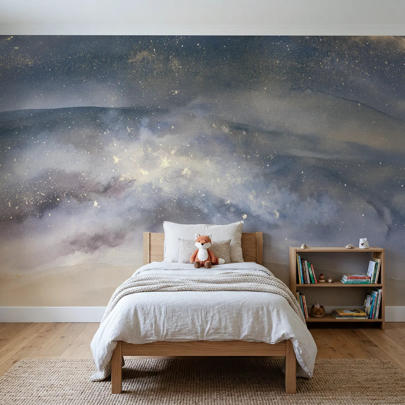 Watercolor wall mural of soft drifting star clouds by Whimsy Tots
