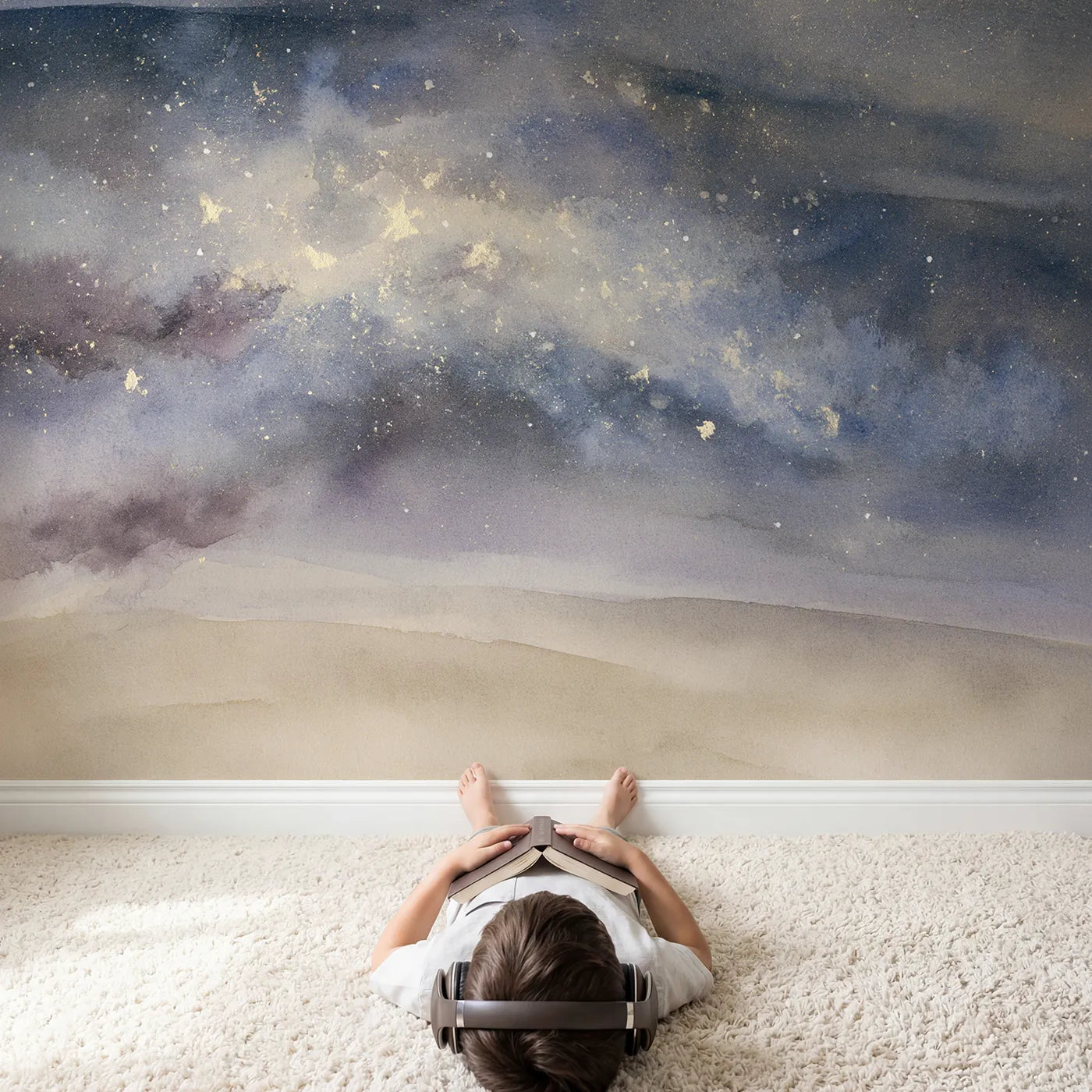 Child in nursery with Misty Star Cloud Wallpaper Mural by Whimsy Tots