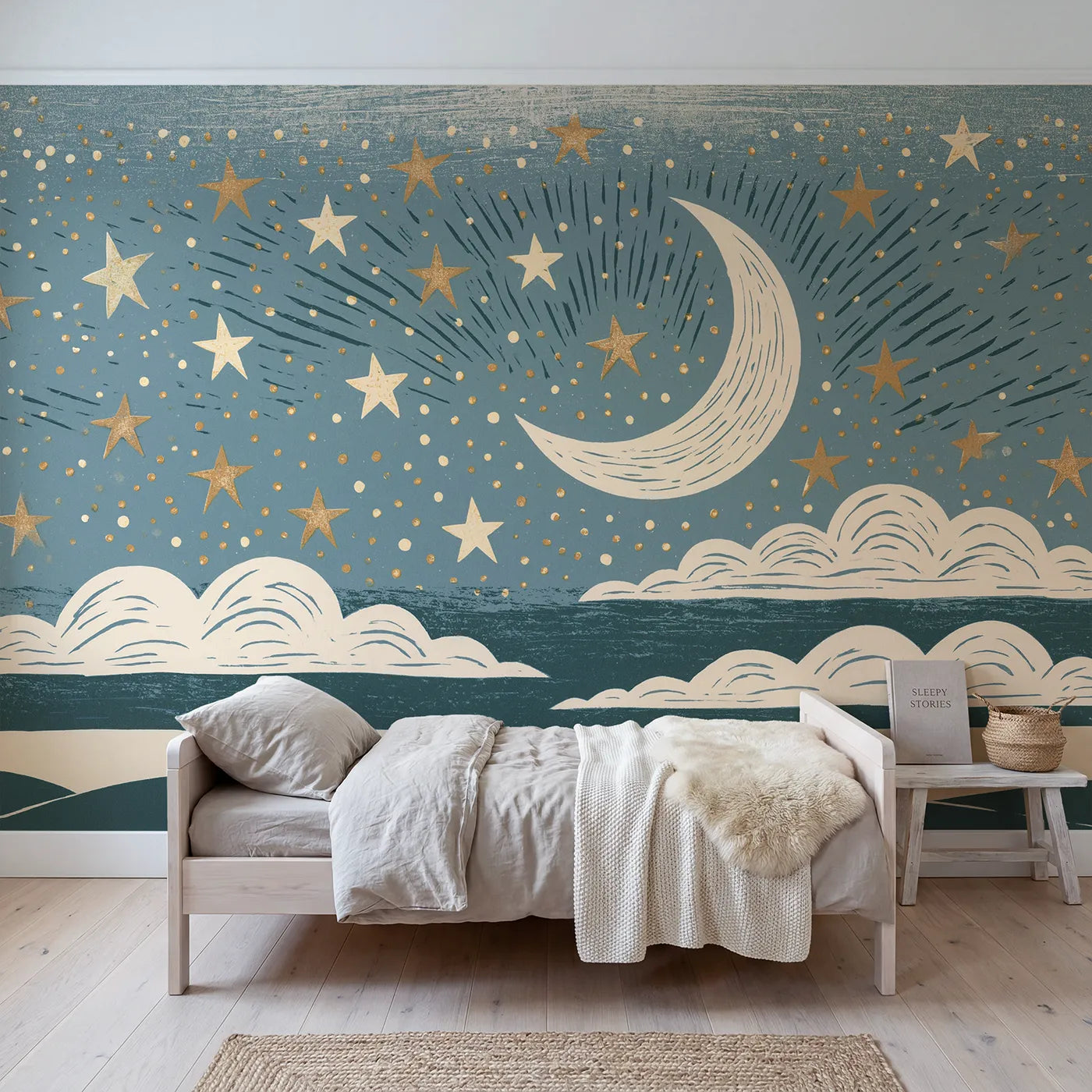 Linocut wall mural of a bold crescent and stars by Whimsy Tots