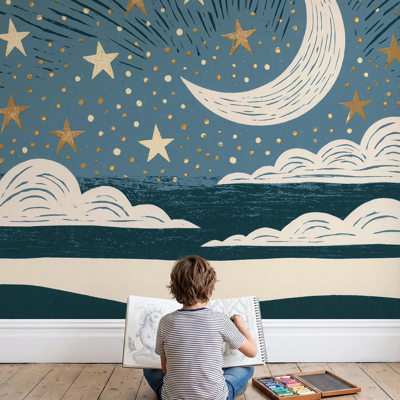 Child in nursery with Linocut Moon Stars Wallpaper Mural by Whimsy Tots
