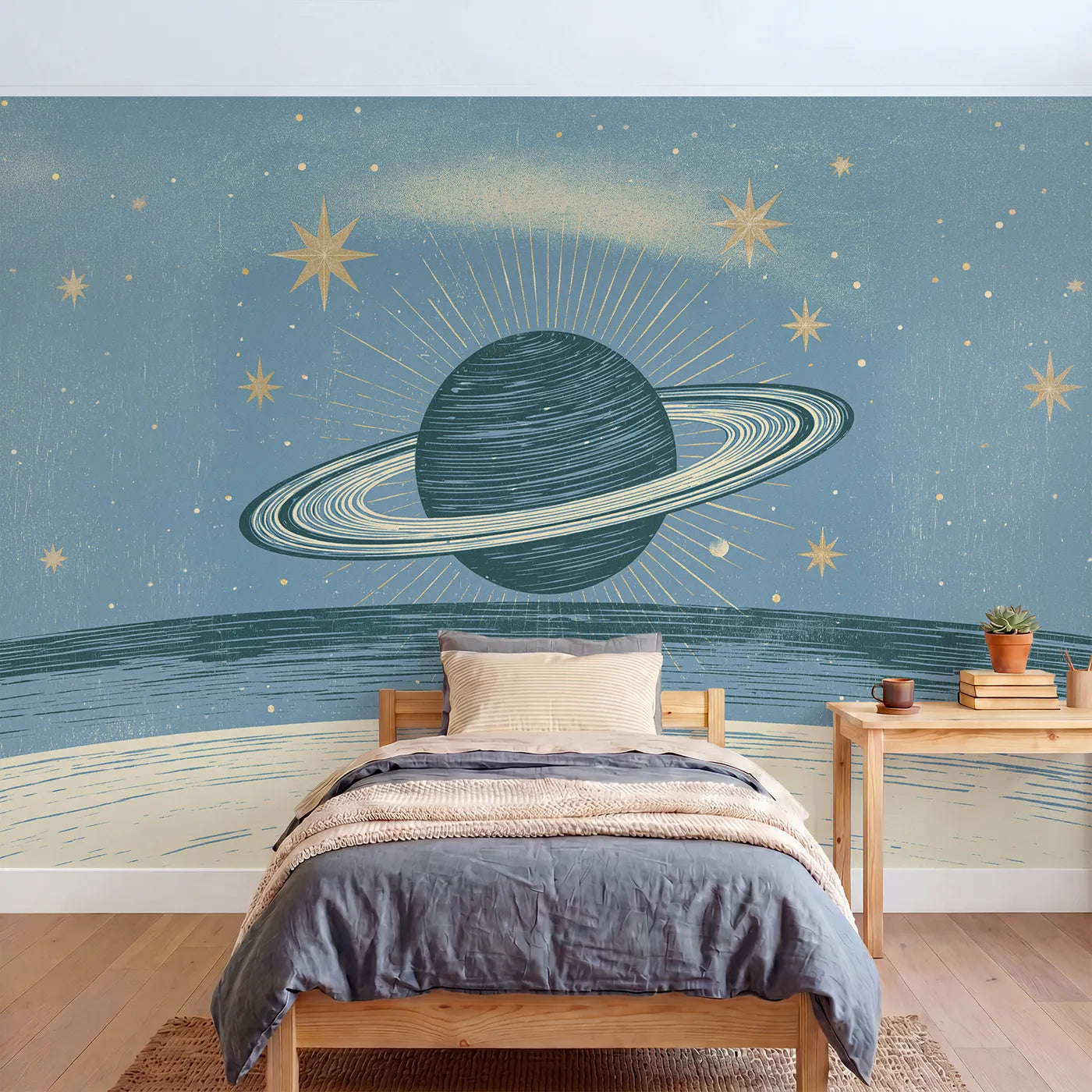 Linocut wall mural of a bold planet and orbit ring by Whimsy Tots