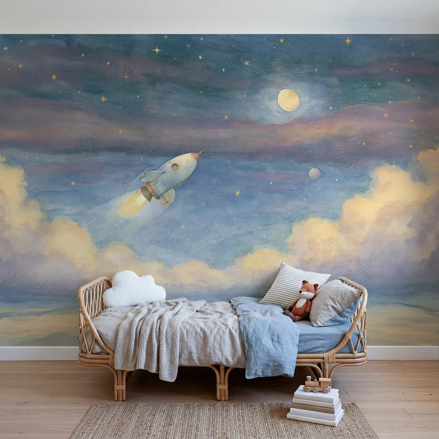 Storybook wall mural of a friendly little rocket by Whimsy Tots