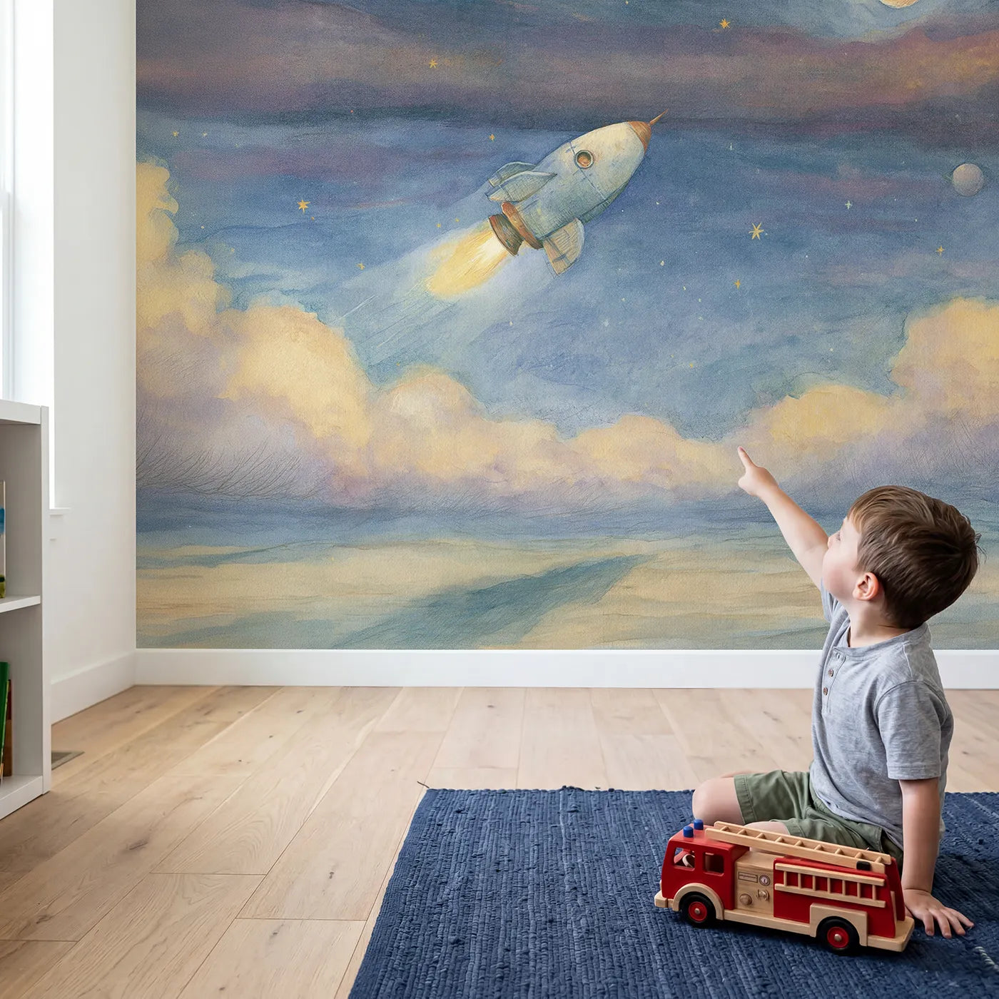 Child in nursery with Friendly Little Rocket Wallpaper Mural by Whimsy Tots