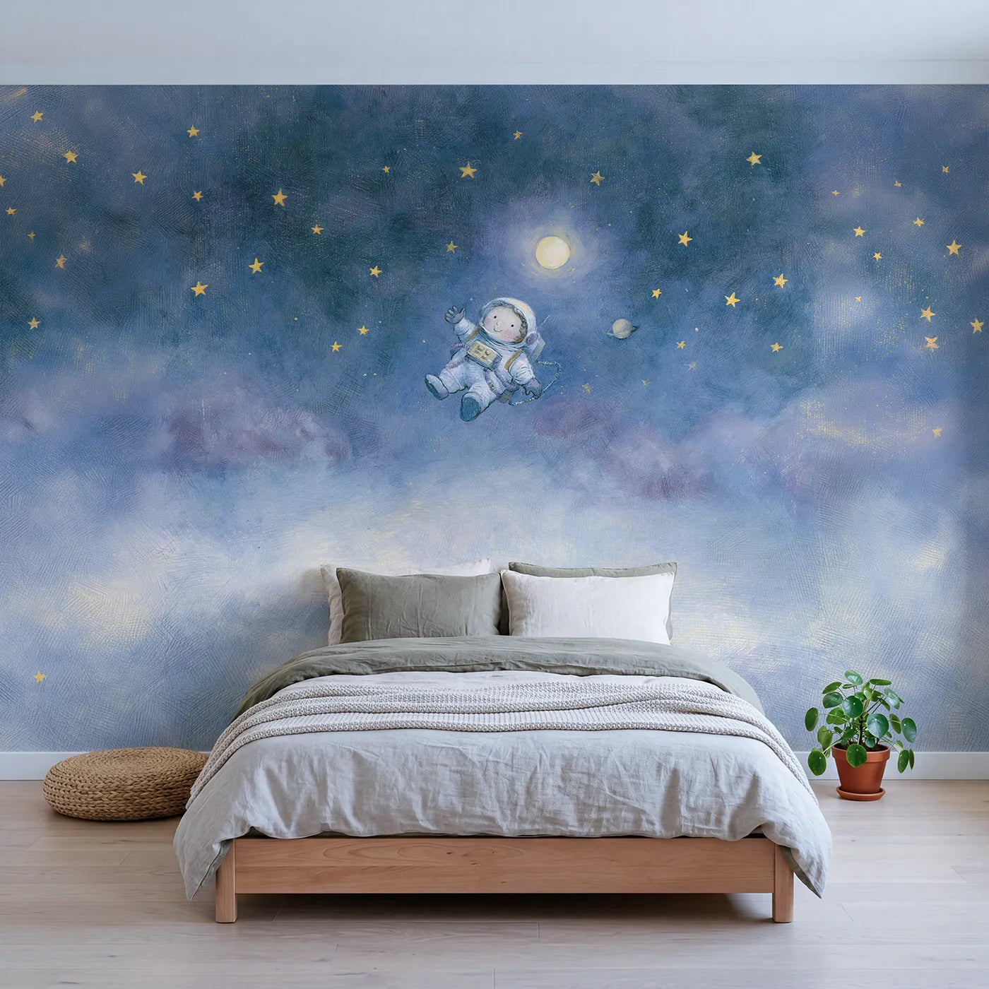 Storybook wall mural of a gentle floating astronaut by Whimsy Tots