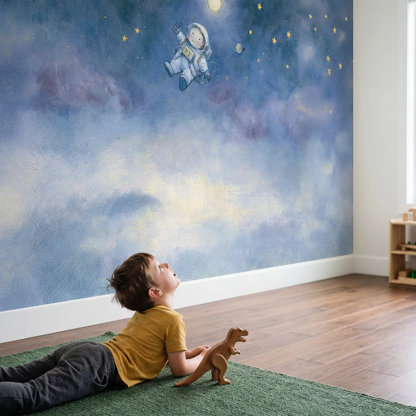 Child in nursery with Gentle Astronaut Float Wallpaper Mural by Whimsy Tots