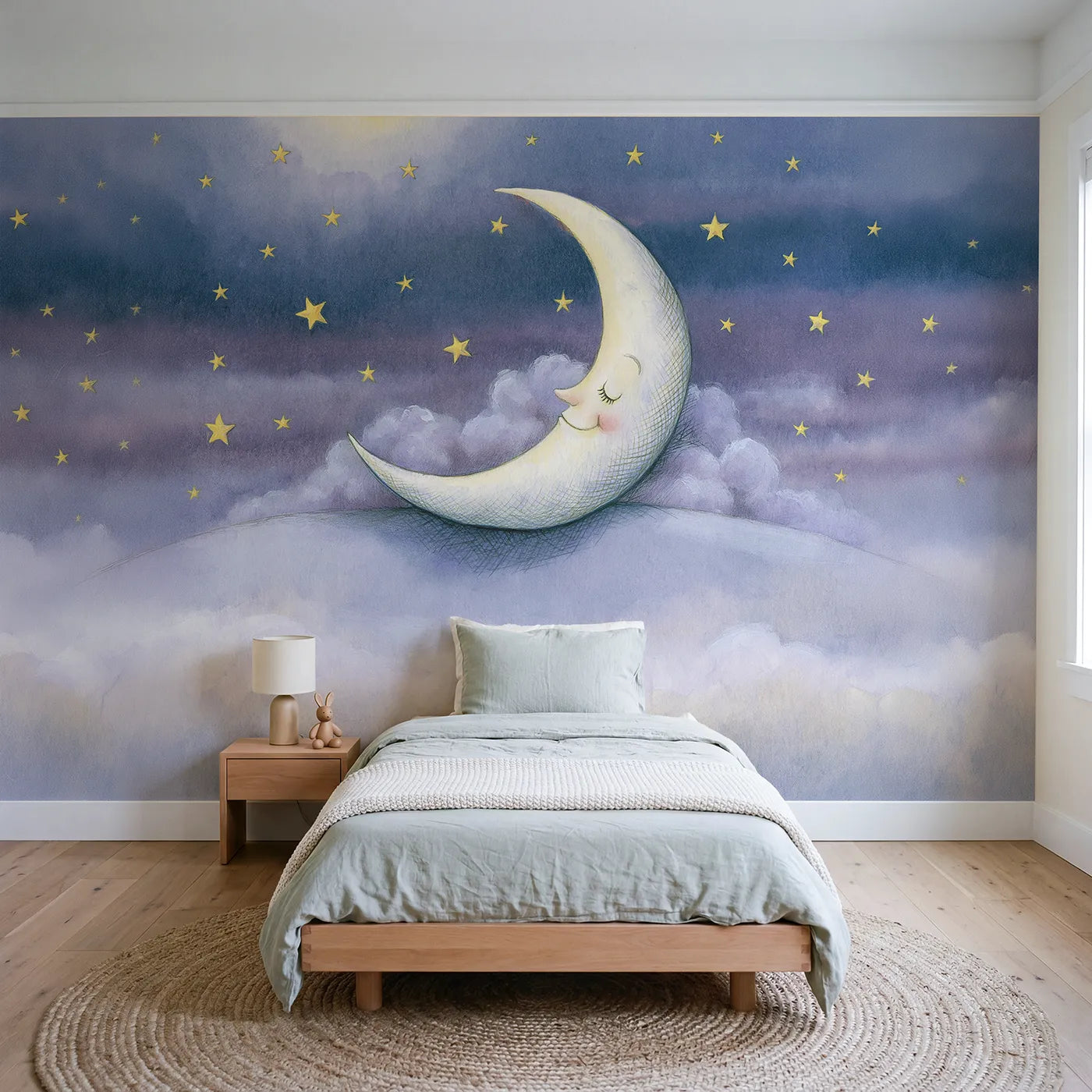 Storybook wall mural of a sleepy smiling moon by Whimsy Tots