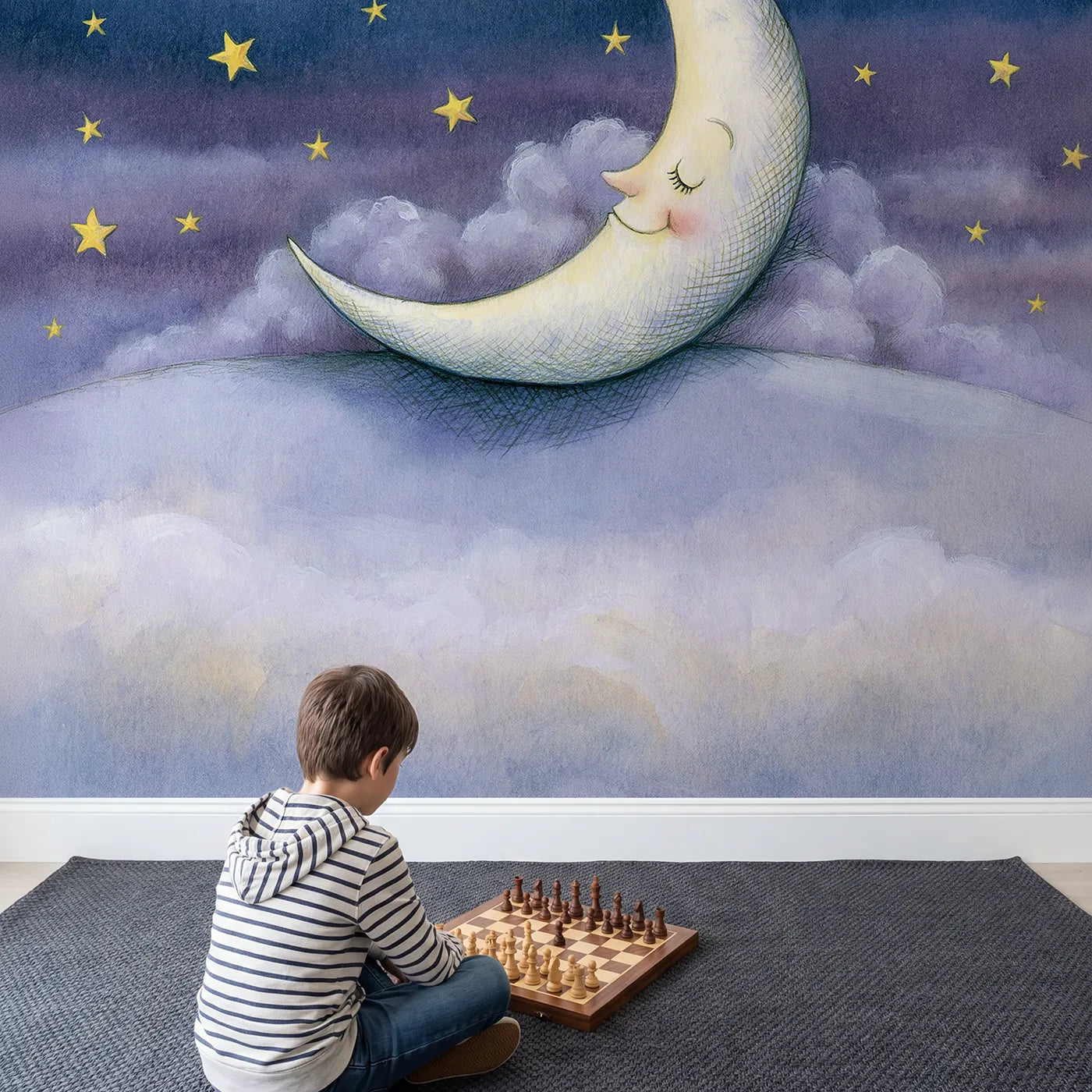 Child in nursery with Sleepy Moon Friend Wallpaper Mural by Whimsy Tots