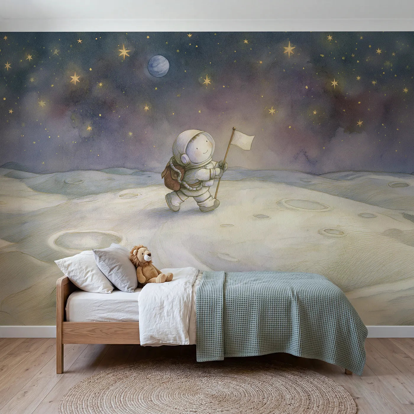 Storybook wall mural of a gentle astronaut moon walk by Whimsy Tots