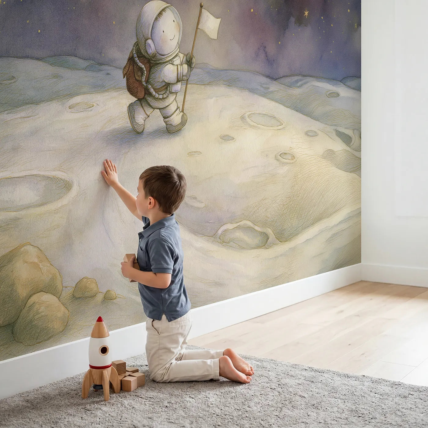 Child in nursery with Astronaut Moon Walk Wallpaper Mural by Whimsy Tots