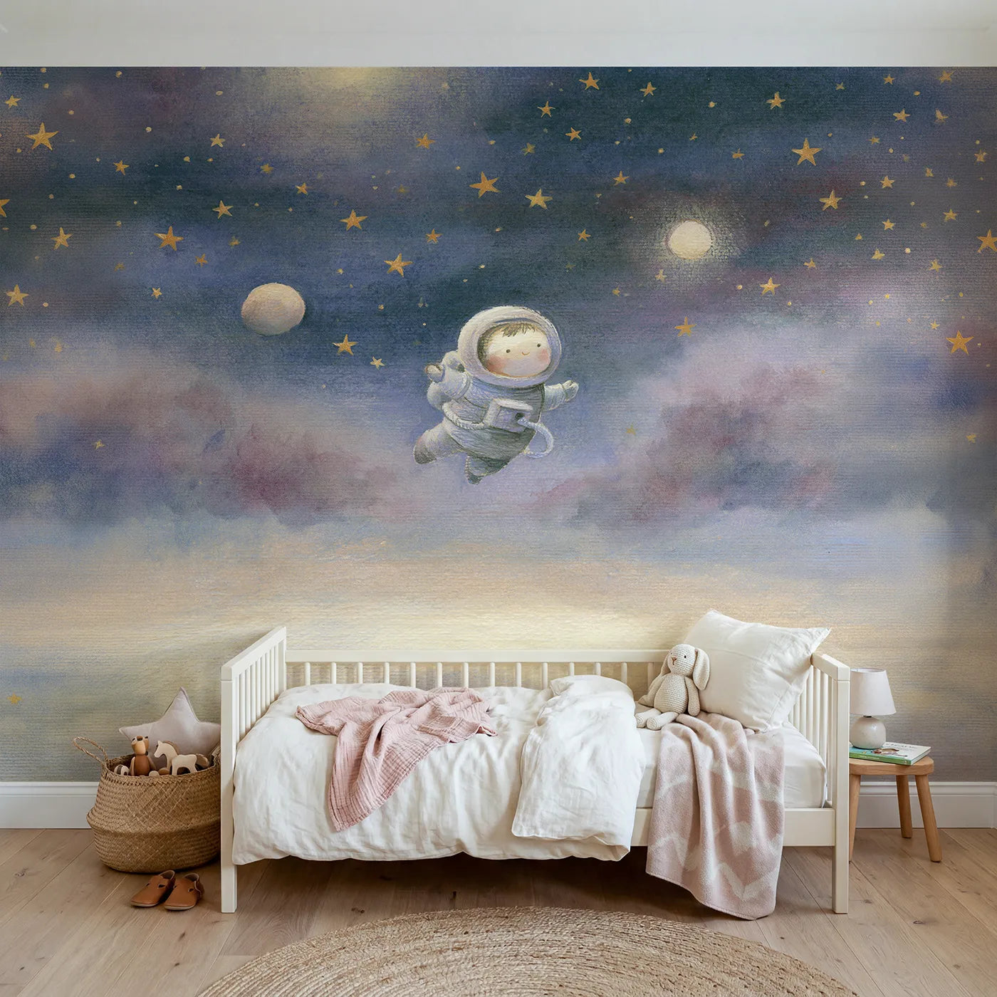Storybook wall mural of a little space explorer by Whimsy Tots