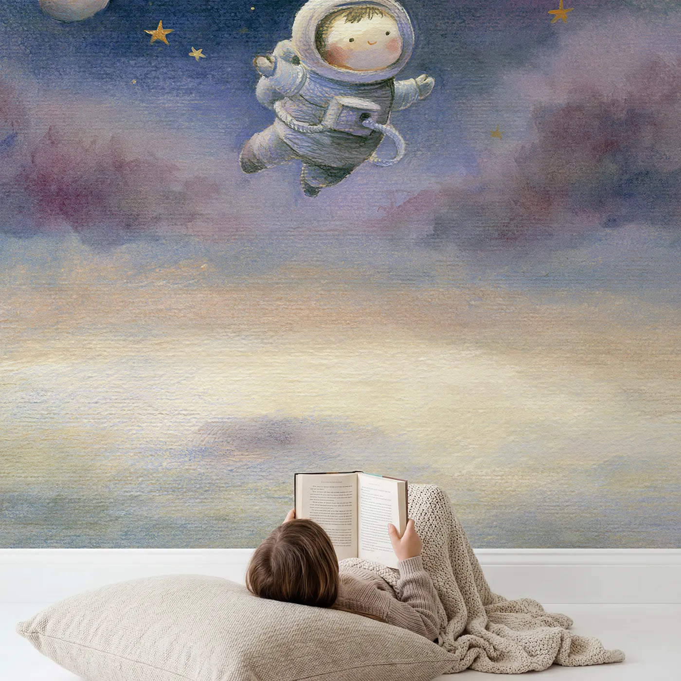 Child in nursery with Little Space Explorer Wallpaper Mural by Whimsy Tots