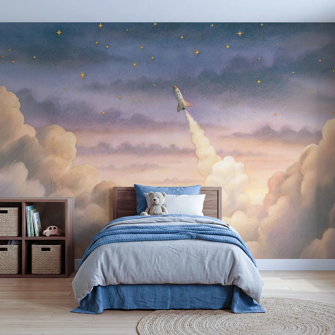 Storybook wall mural of a gentle rocket launch by Whimsy Tots